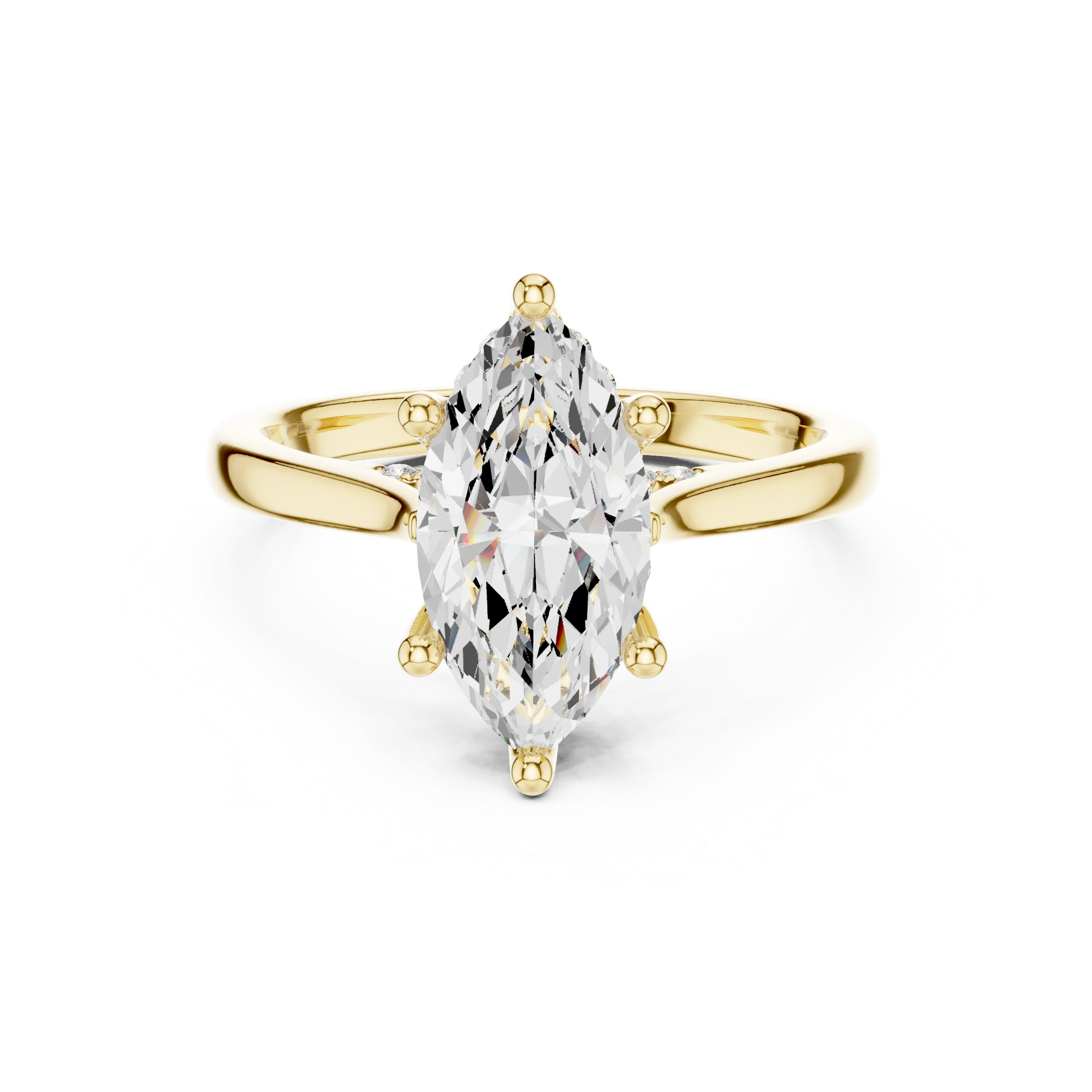 Front view of yellow gold marquise solitaire ring with plain domed band and lab-grown diamond – Australia
