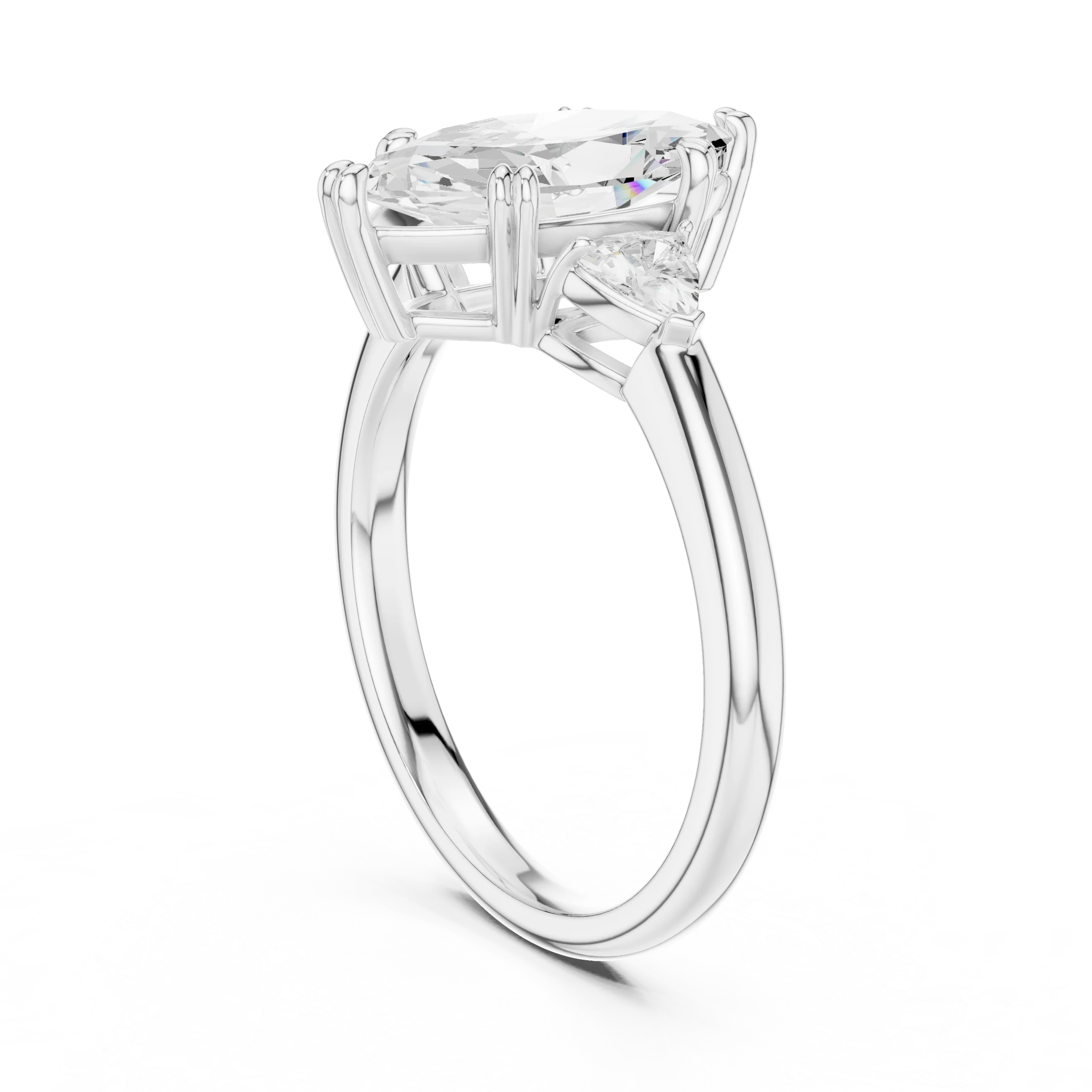 Back view of white gold marquise three-stone ring with half-moon side stones and lab-grown diamond – Australia