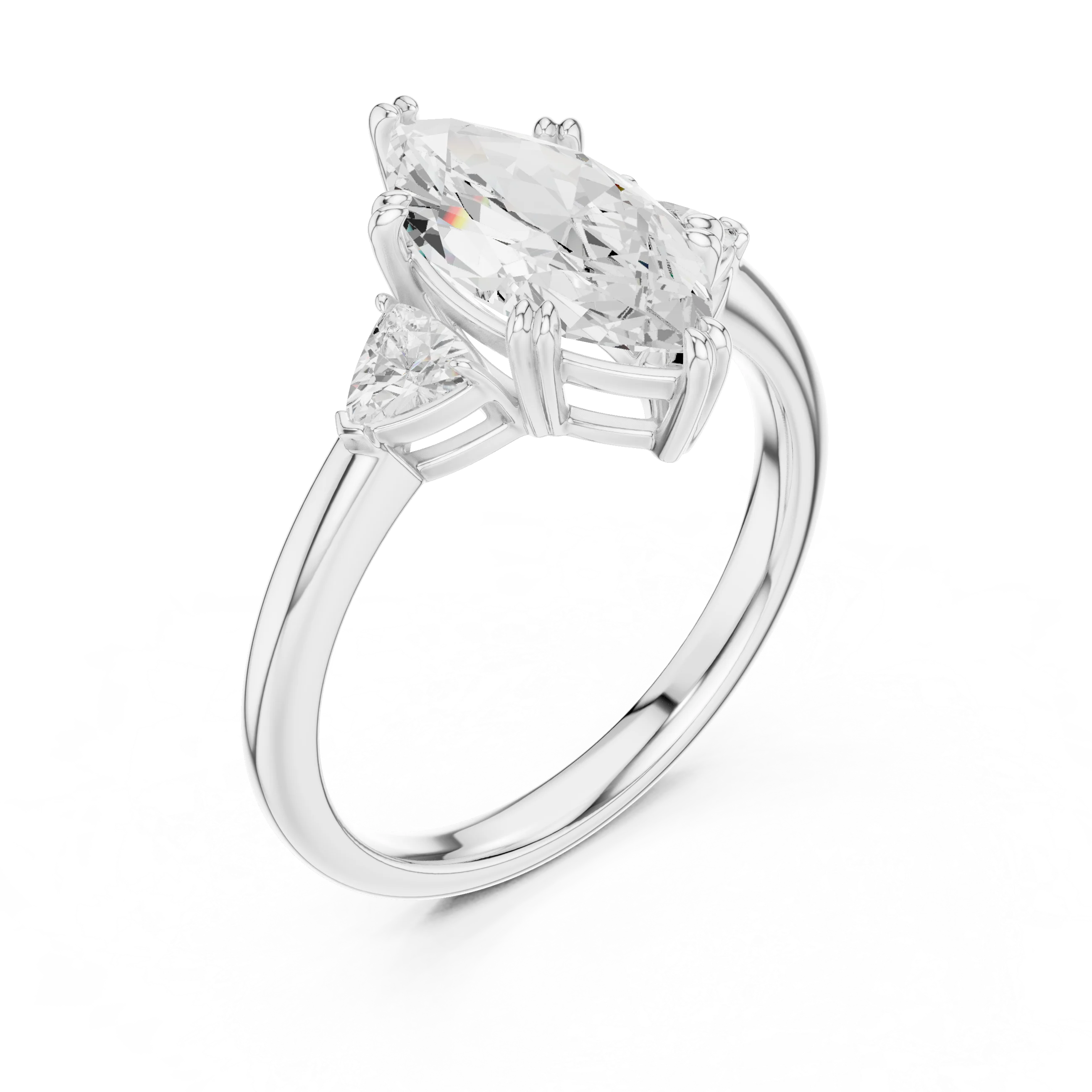 Front view of white gold marquise three-stone ring with half-moon side stones and lab-grown diamond – Australia