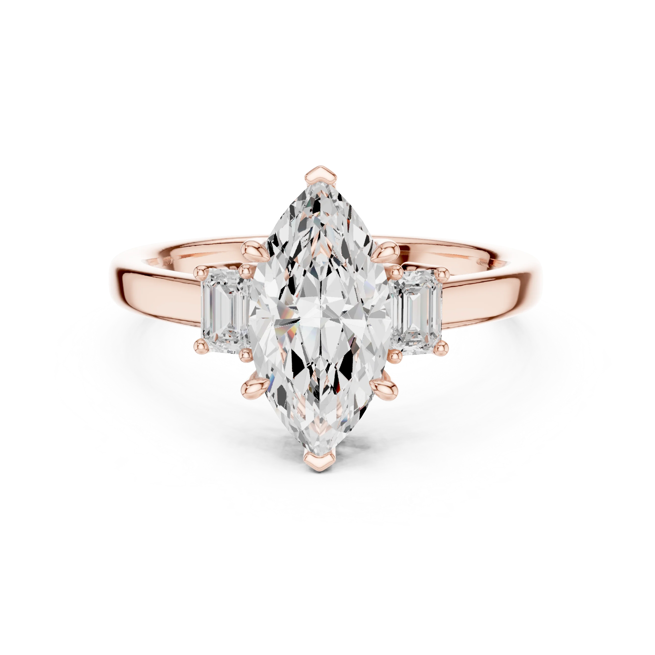 Lab-grown marquise cut three stone diamond ring in rose gold, soft tone top view.
