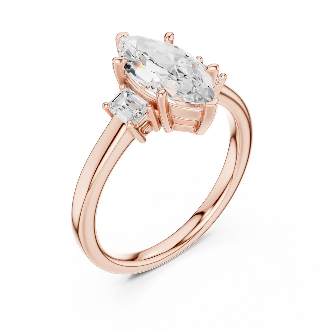 Front view of rose gold marquise three stone diamond ring, showcasing gemstone brilliance