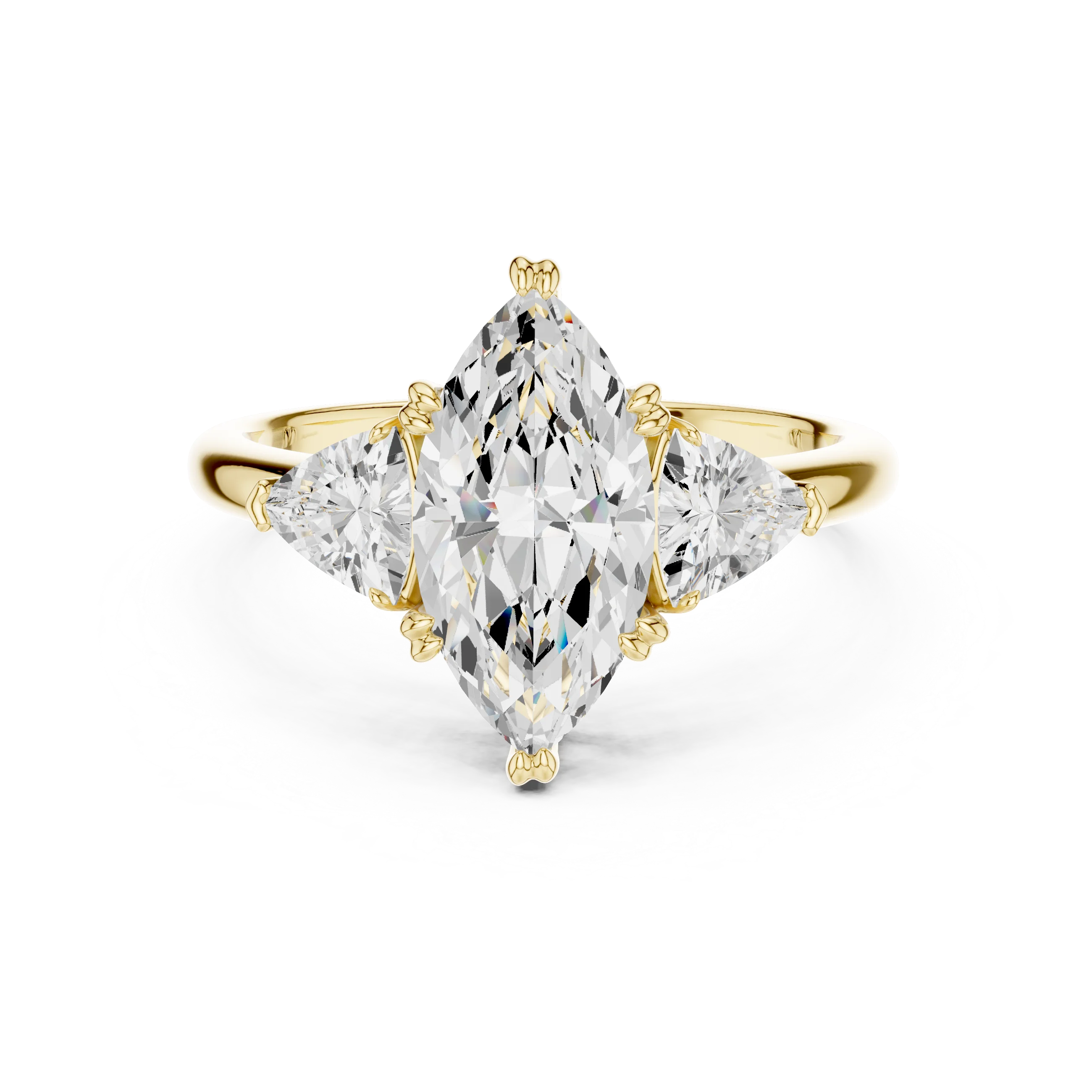 Marquise three-stone ring in yellow gold with trillion cut side stones and lab-grown diamond – Australia