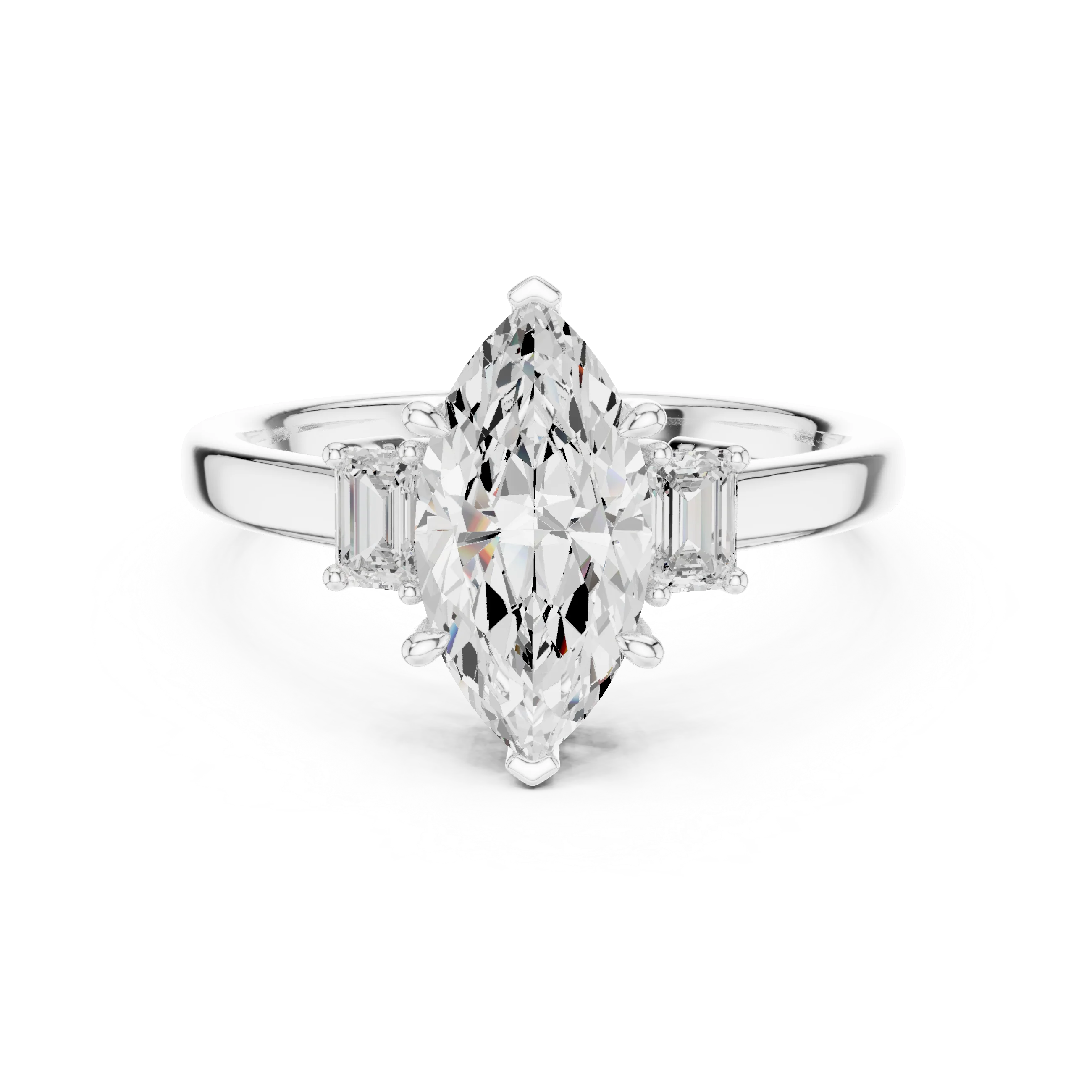 Lab-grown marquise cut three stone diamond ring in white gold, elegant top view.