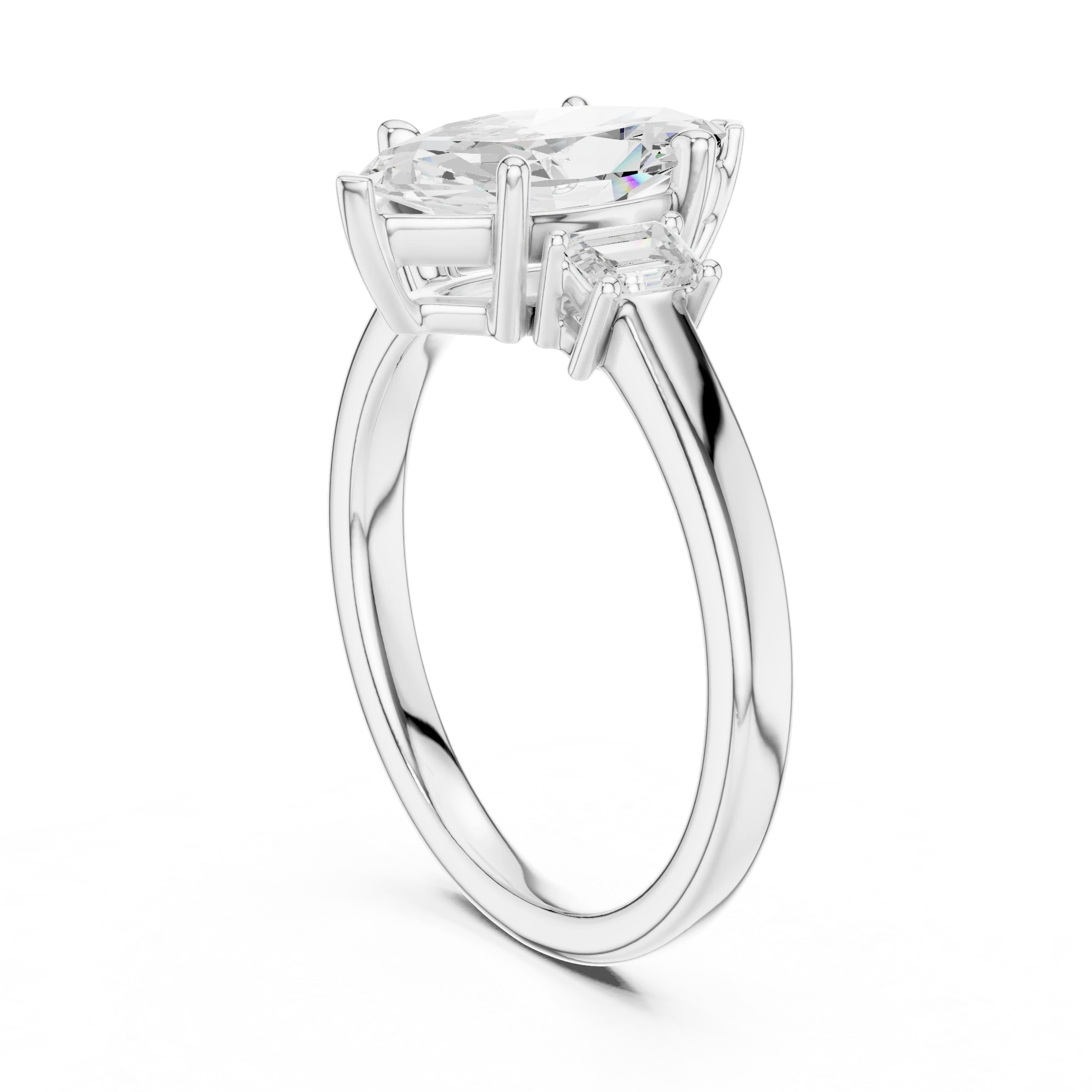 Back side view of white gold marquise three stone diamond ring, showing band and setting.