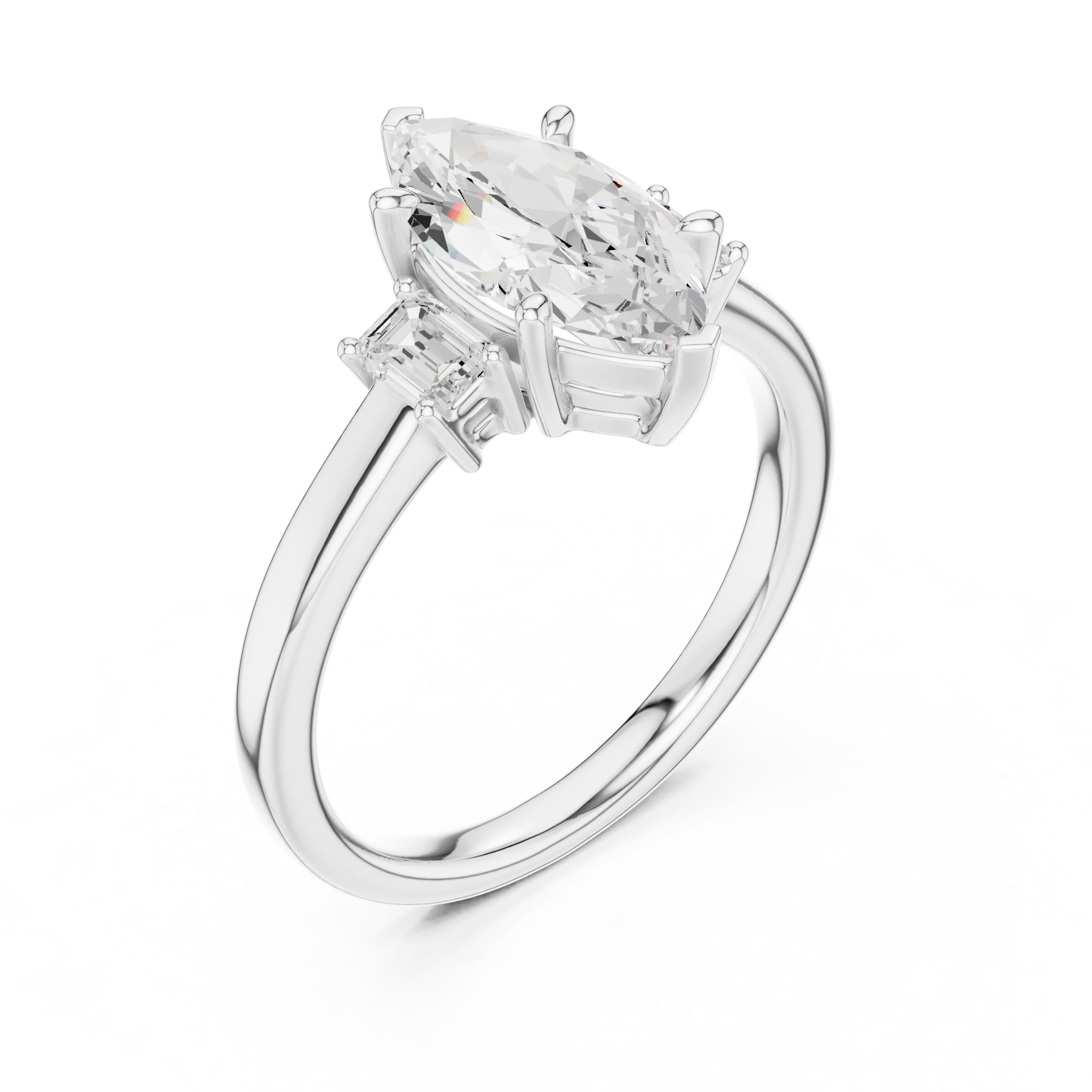 Front view of white gold marquise cut three stone diamond ring, showcasing center and side stones.
