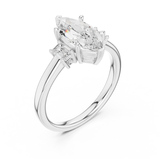 Front view of white gold marquise cut three stone diamond ring, showcasing center and side stones.