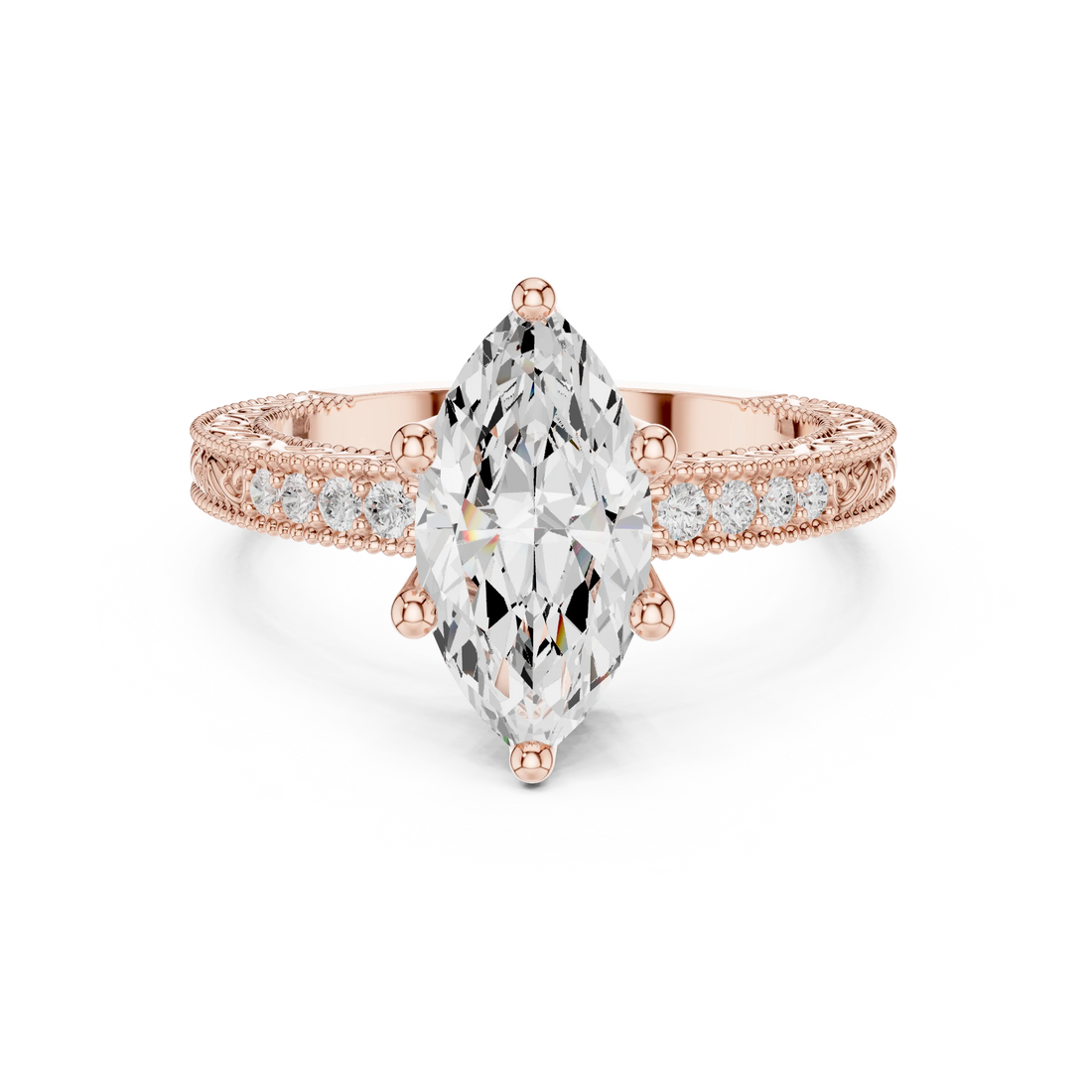 Marquise vintage filigree ring in rose gold with milgrain, channel set diamond band and lab-grown diamond – Australia