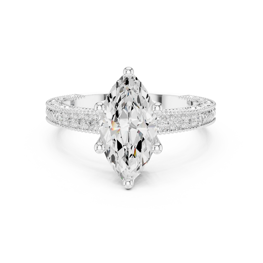 Marquise vintage filigree ring in white gold with milgrain, channel set diamond band and lab-grown diamond – Australia
