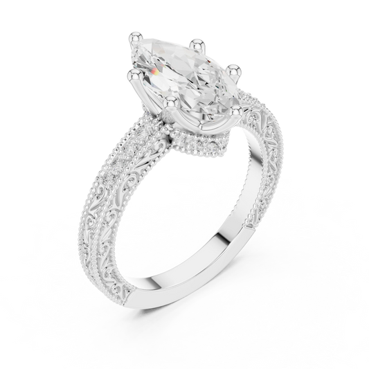 Front view of white gold marquise vintage filigree ring with milgrain, channel set diamond band and lab-grown diamond – Australia