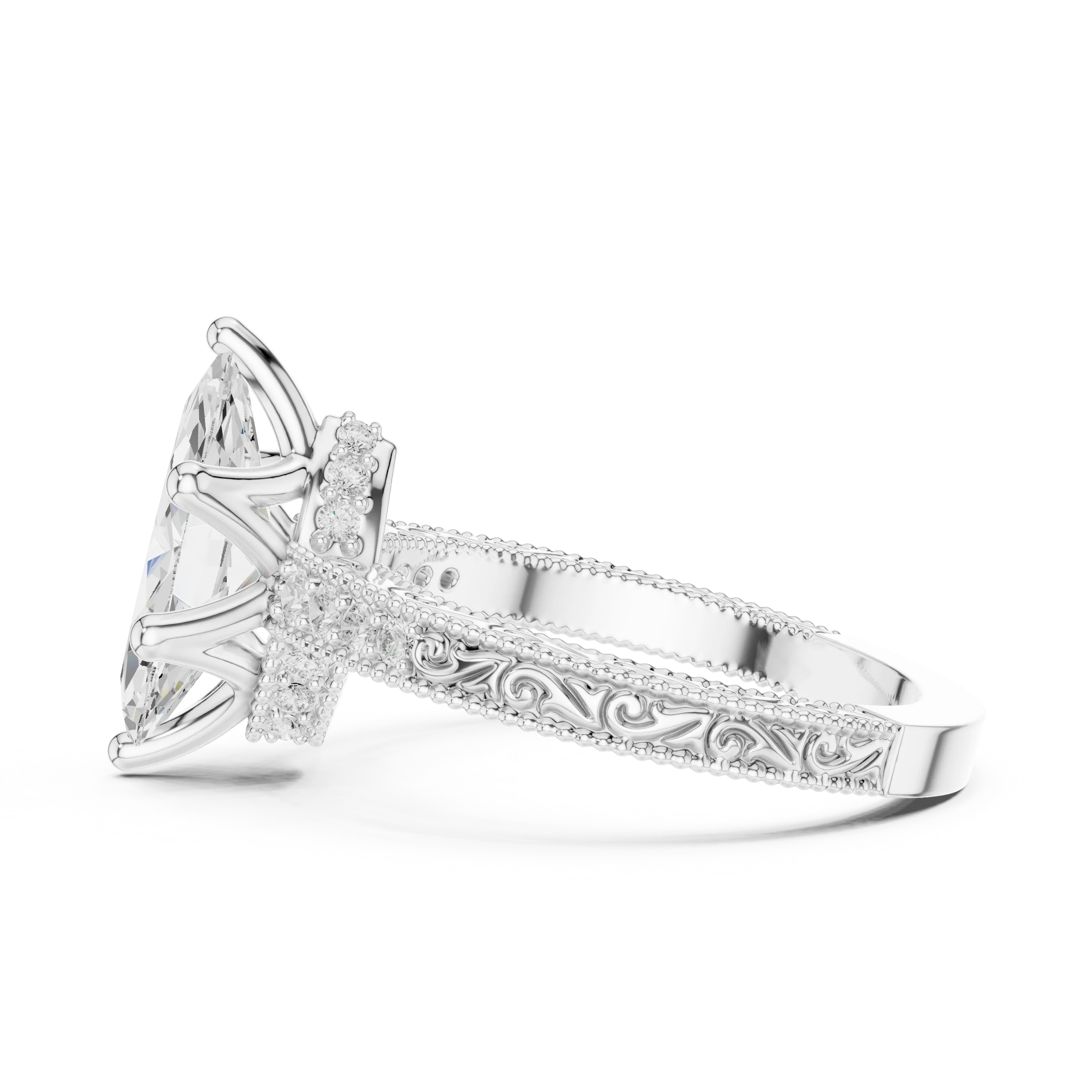 Side view of white gold marquise vintage filigree ring with milgrain, channel set diamond band and lab-grown diamond – Australia