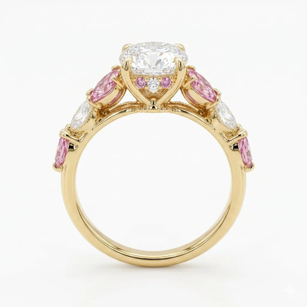  Back view of yellow gold oval center stone ring with pink marquise and white pear side cluster accents with lab-grown diamonds – Australia

