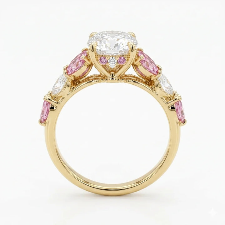  Back view of yellow gold oval center stone ring with pink marquise and white pear side cluster accents with lab-grown diamonds – Australia


