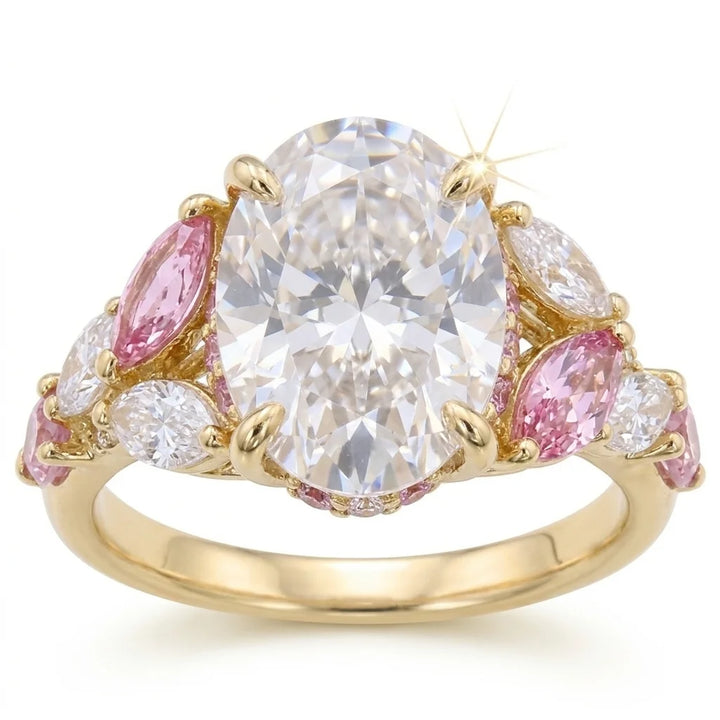 Front view of yellow gold oval center stone ring with pink marquise and white pear side cluster accents with lab-grown diamonds – Australia