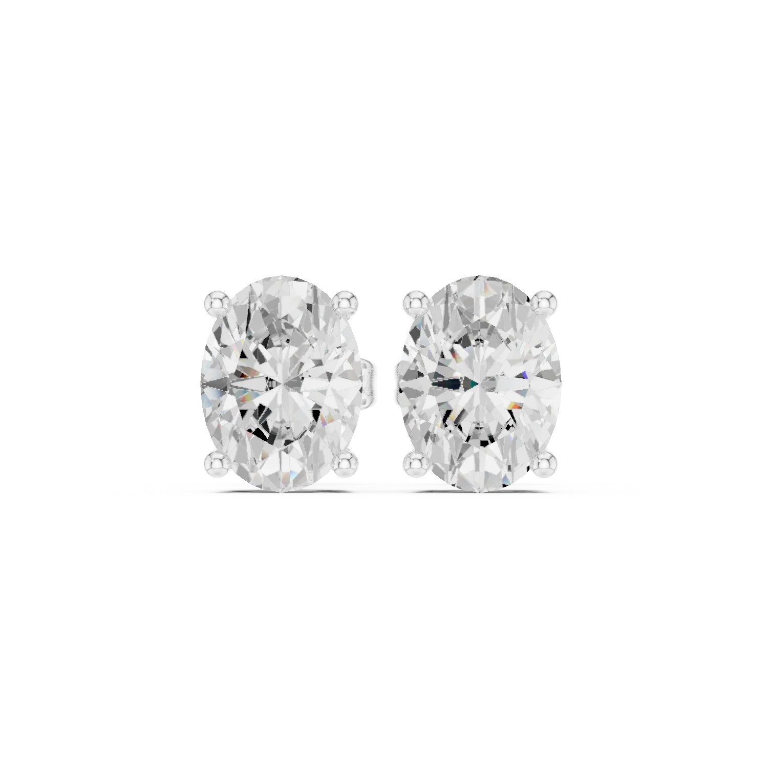 Oval cut Pair of diamond stud earrings on a white background with front view