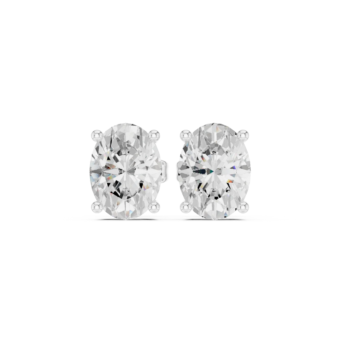 Oval cut Pair of diamond stud earrings on a white background with front view