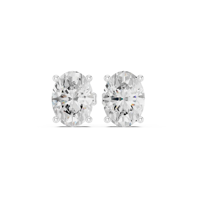 Oval cut Pair of diamond stud earrings on a white background with front view