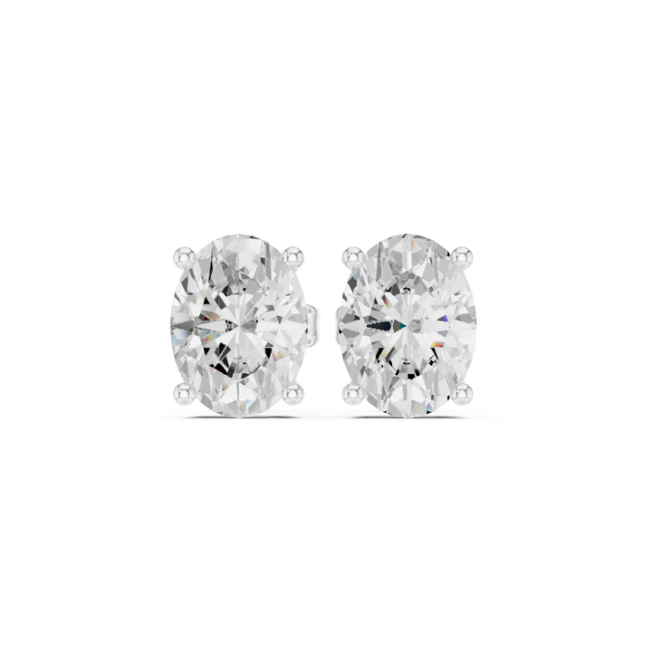 Oval cut Pair of diamond stud earrings on a white background with front view