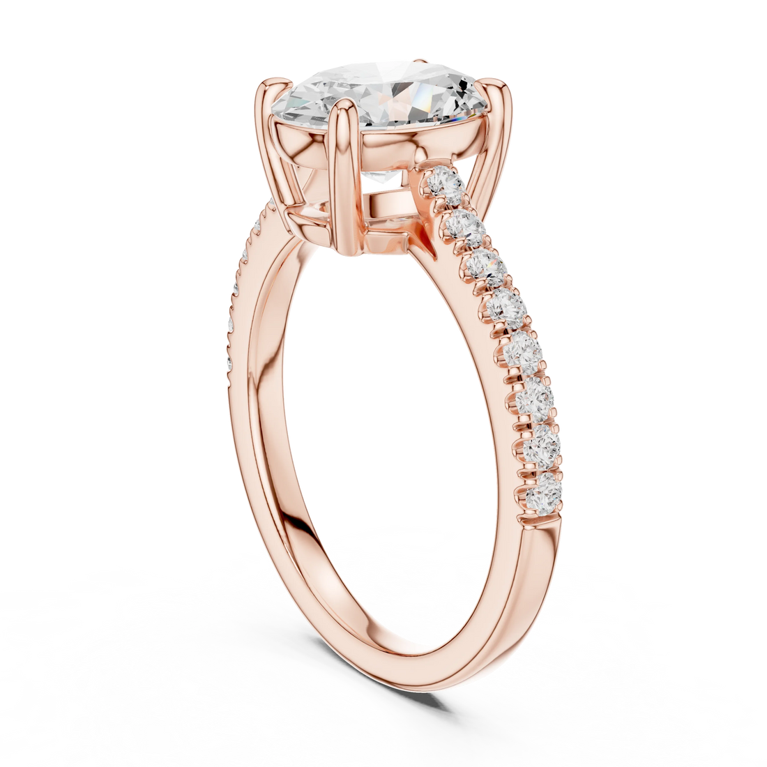 Back side view of rose gold oval diamond pavé band ring showing band and setting details