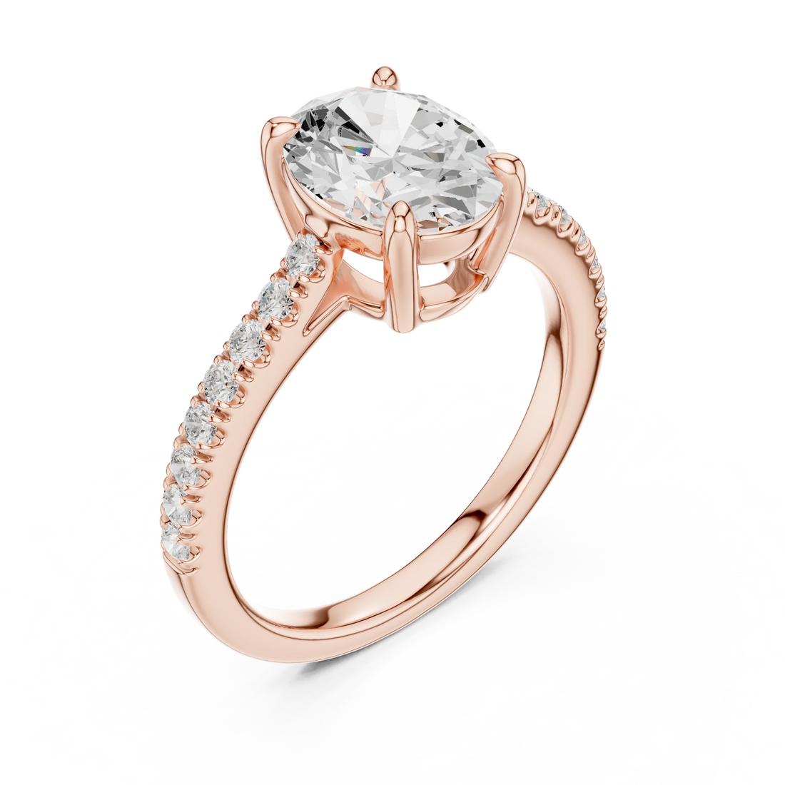 Front view of rose gold oval diamond pavé band ring