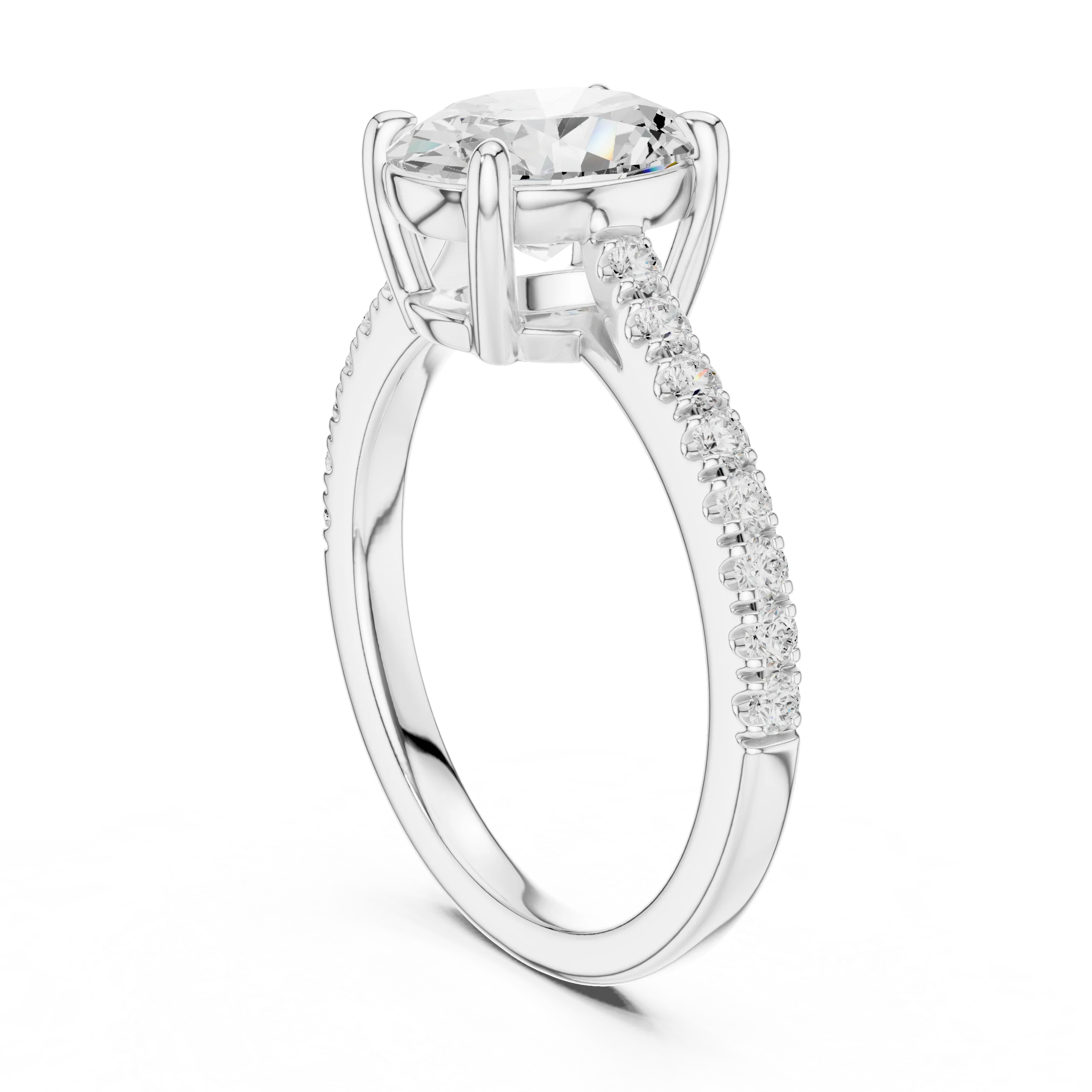 Back side view of white gold oval diamond pavé band ring showing band and setting details