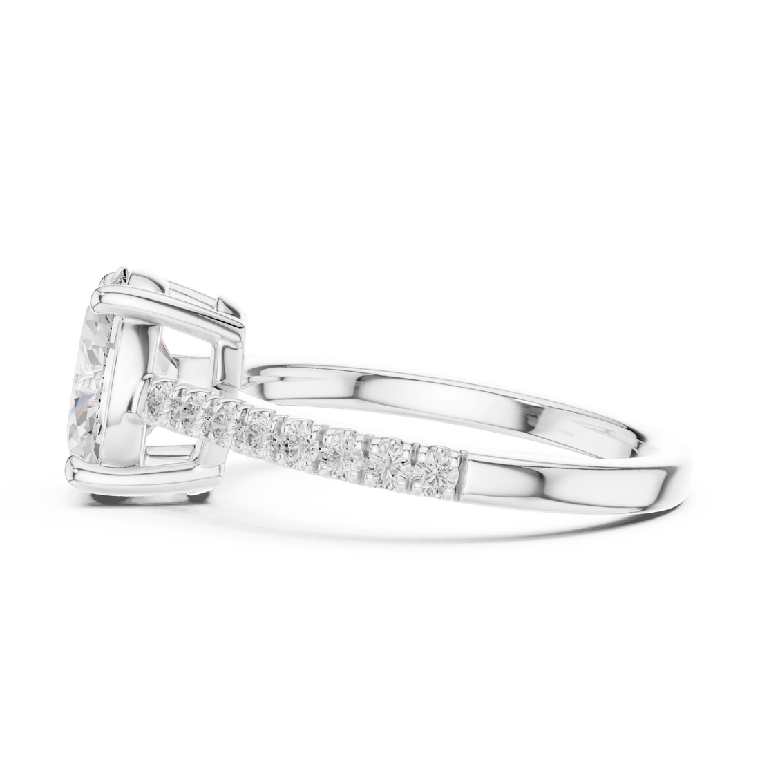 Side view of white gold oval diamond pavé band ring with detailed band setting