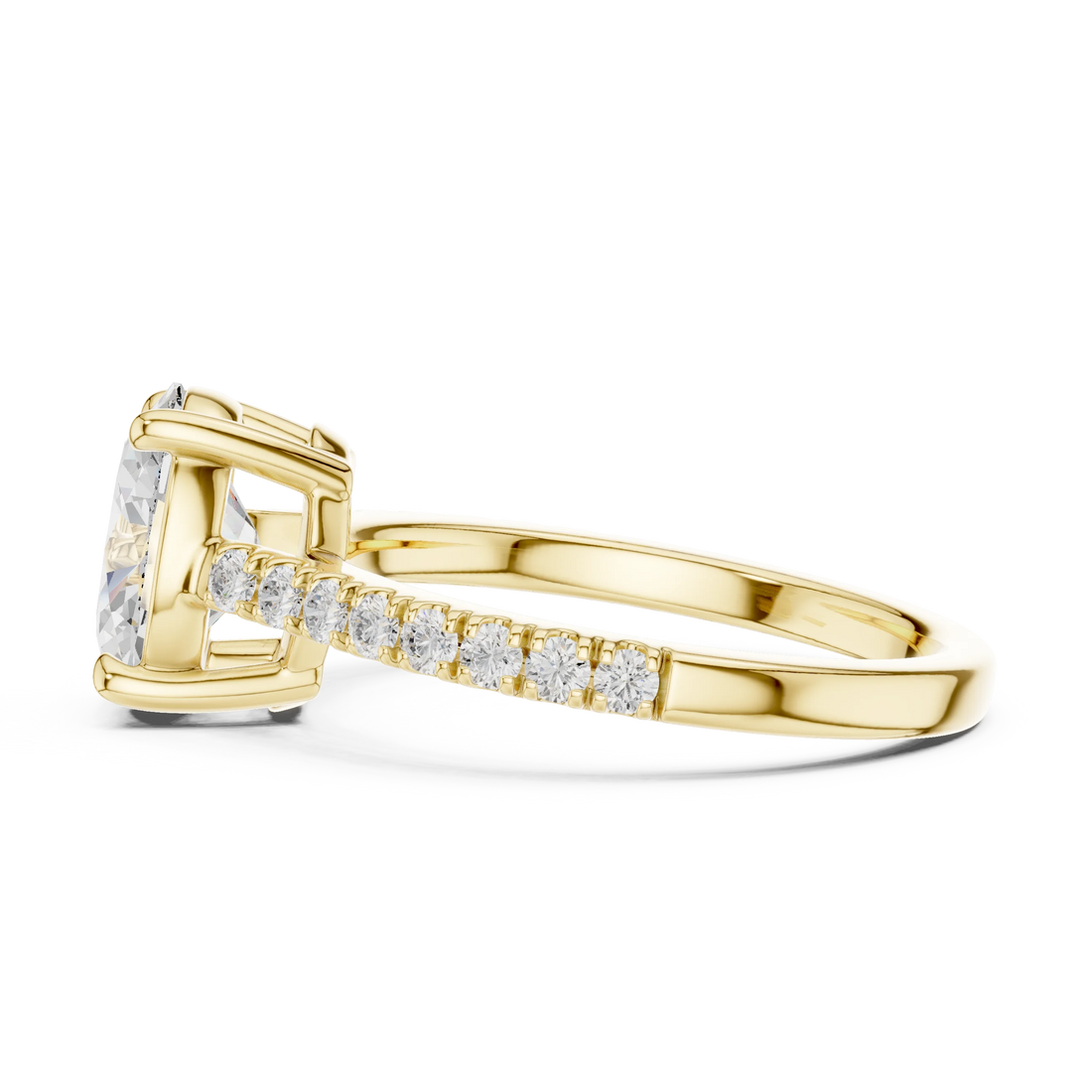 Side view of yellow gold oval diamond pavé band ring with detailed band setting