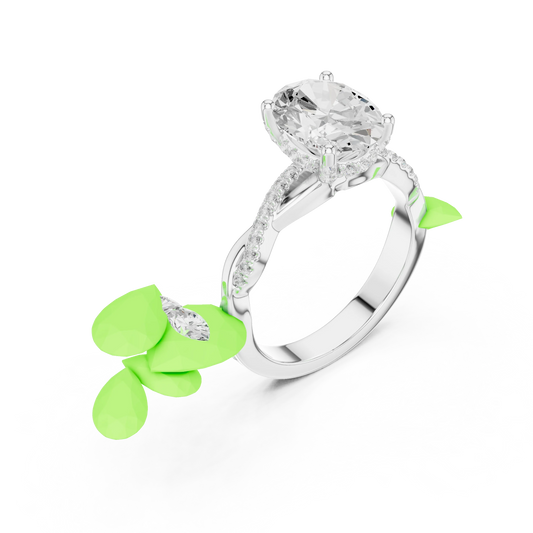 Front view of white gold oval diamond ring with twisted vine pave band and lab-grown diamond – Australia