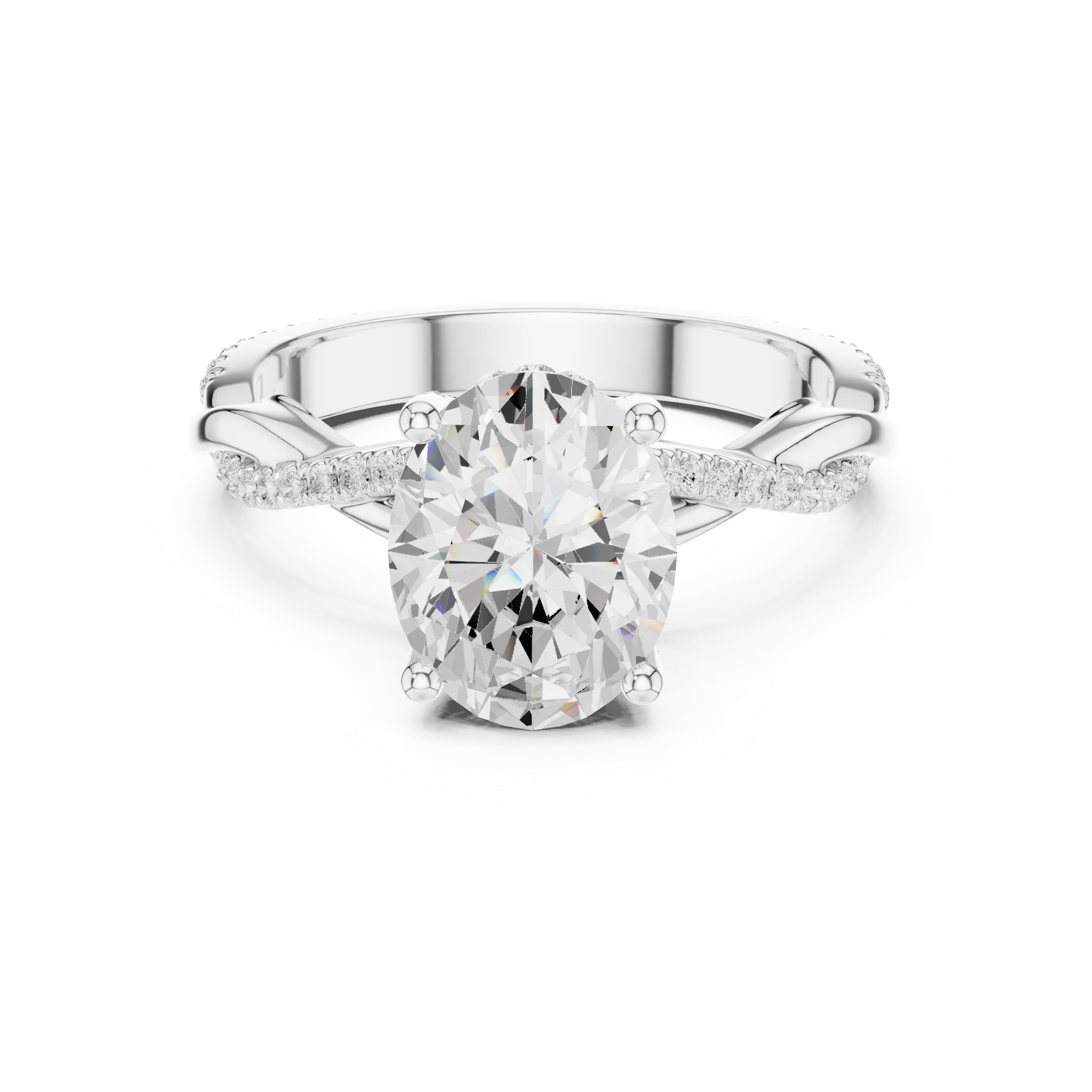 Side view of white gold oval diamond ring with twisted vine pave band and lab-grown diamond – Australia