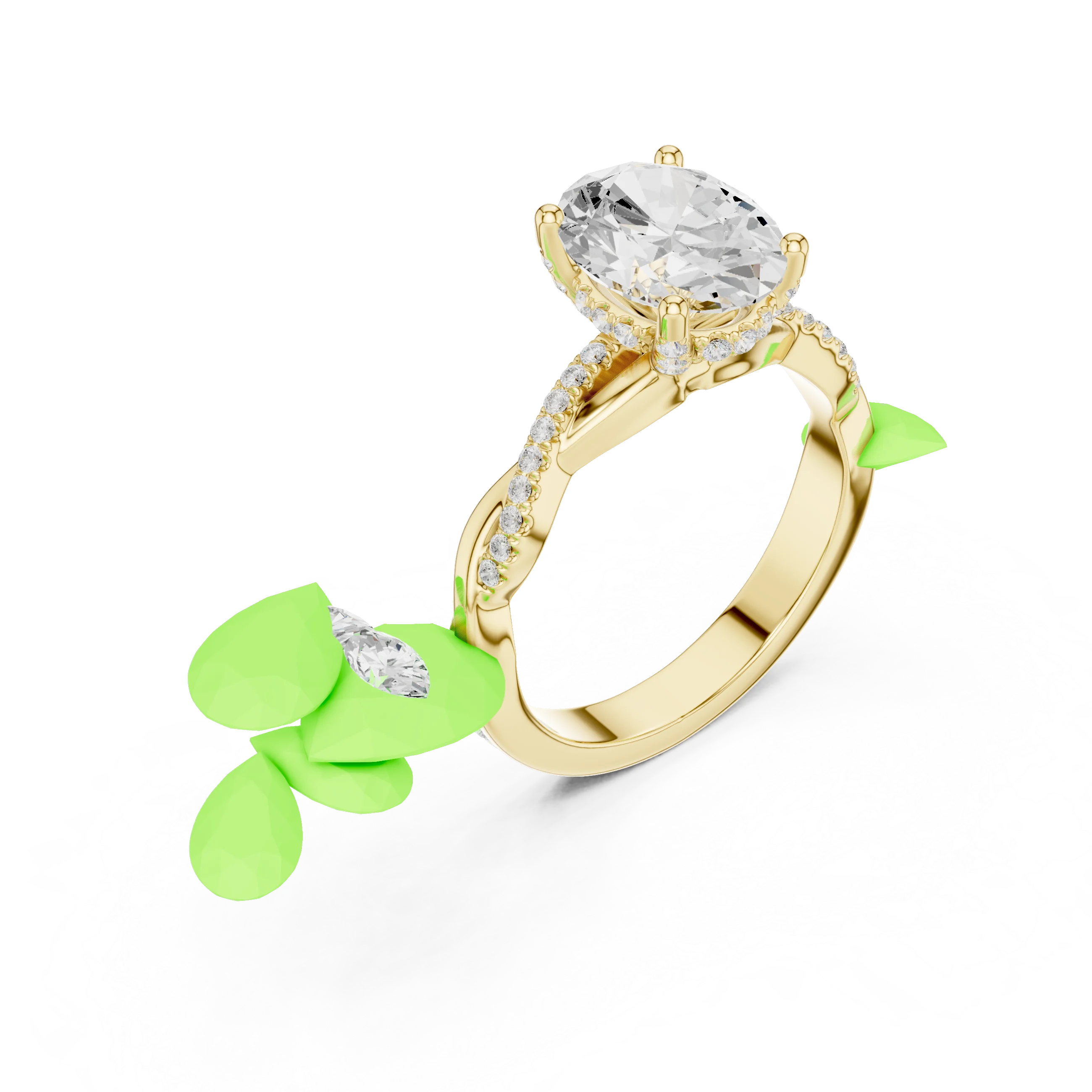 Front view of yellow gold oval diamond ring with twisted vine pave band and lab-grown diamond – Australia