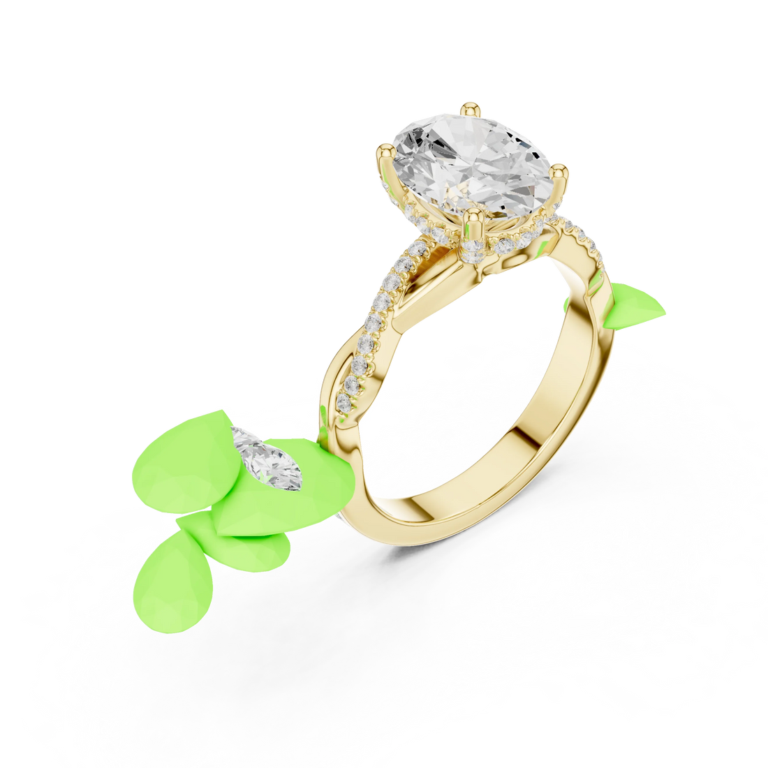 Front view of yellow gold oval diamond ring with twisted vine pave band and lab-grown diamond – Australia
