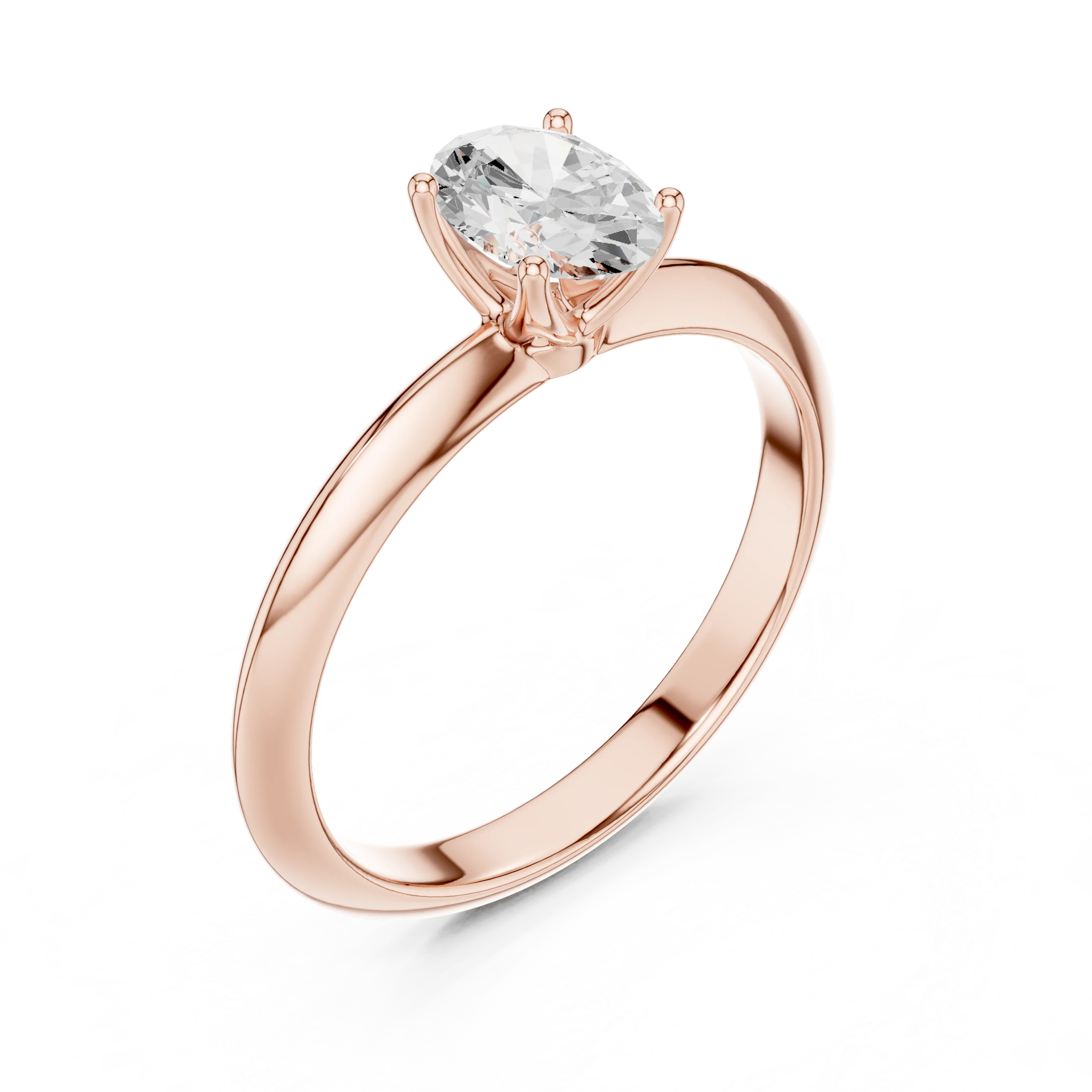 Front view of rose gold oval diamond solitaire ring, showcasing gemstone brilliance.