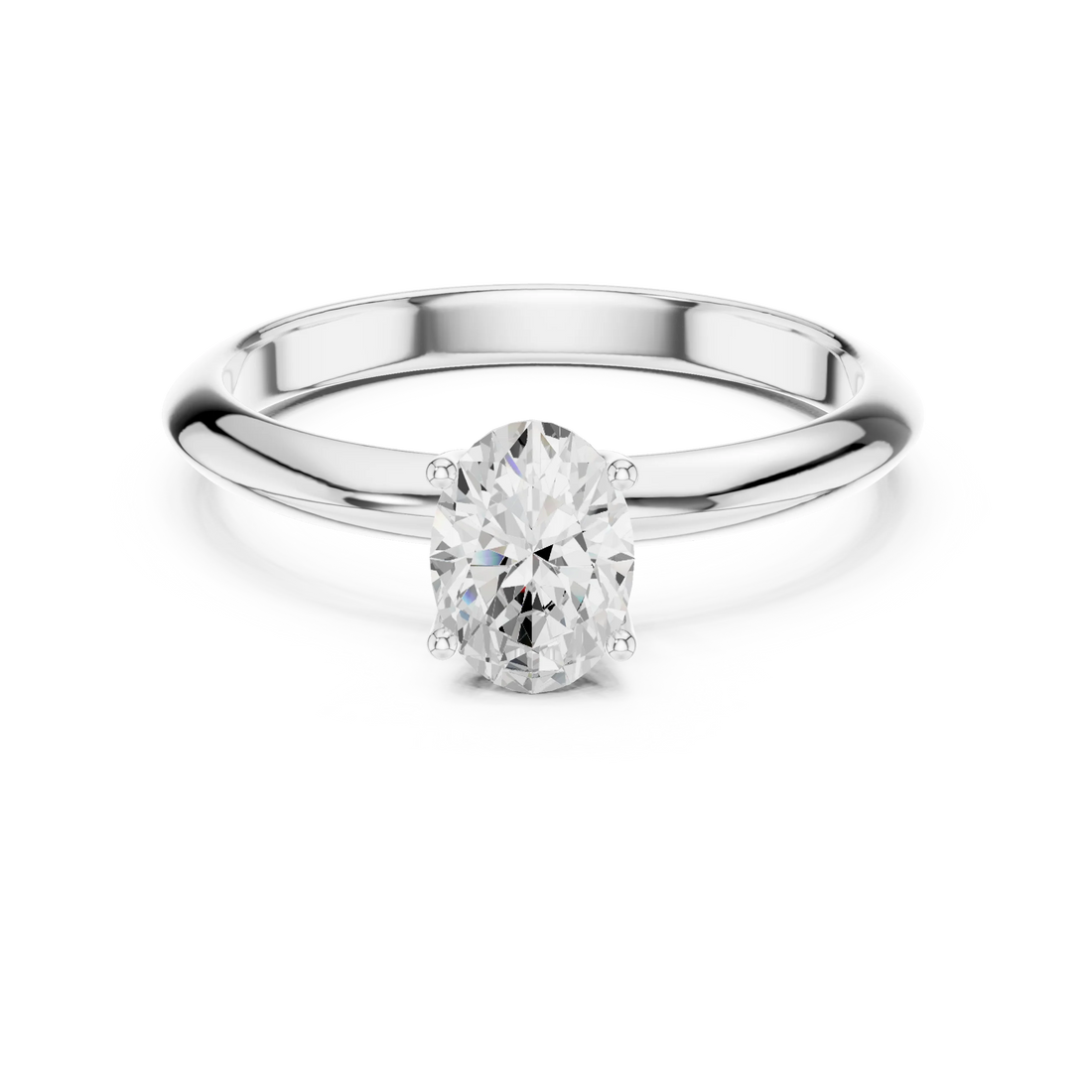 Lab-grown oval cut diamond solitaire ring in white gold, elegant top view.