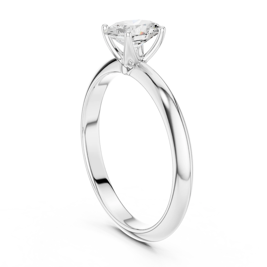 Back side view of white gold oval diamond solitaire ring, showing band and setting.