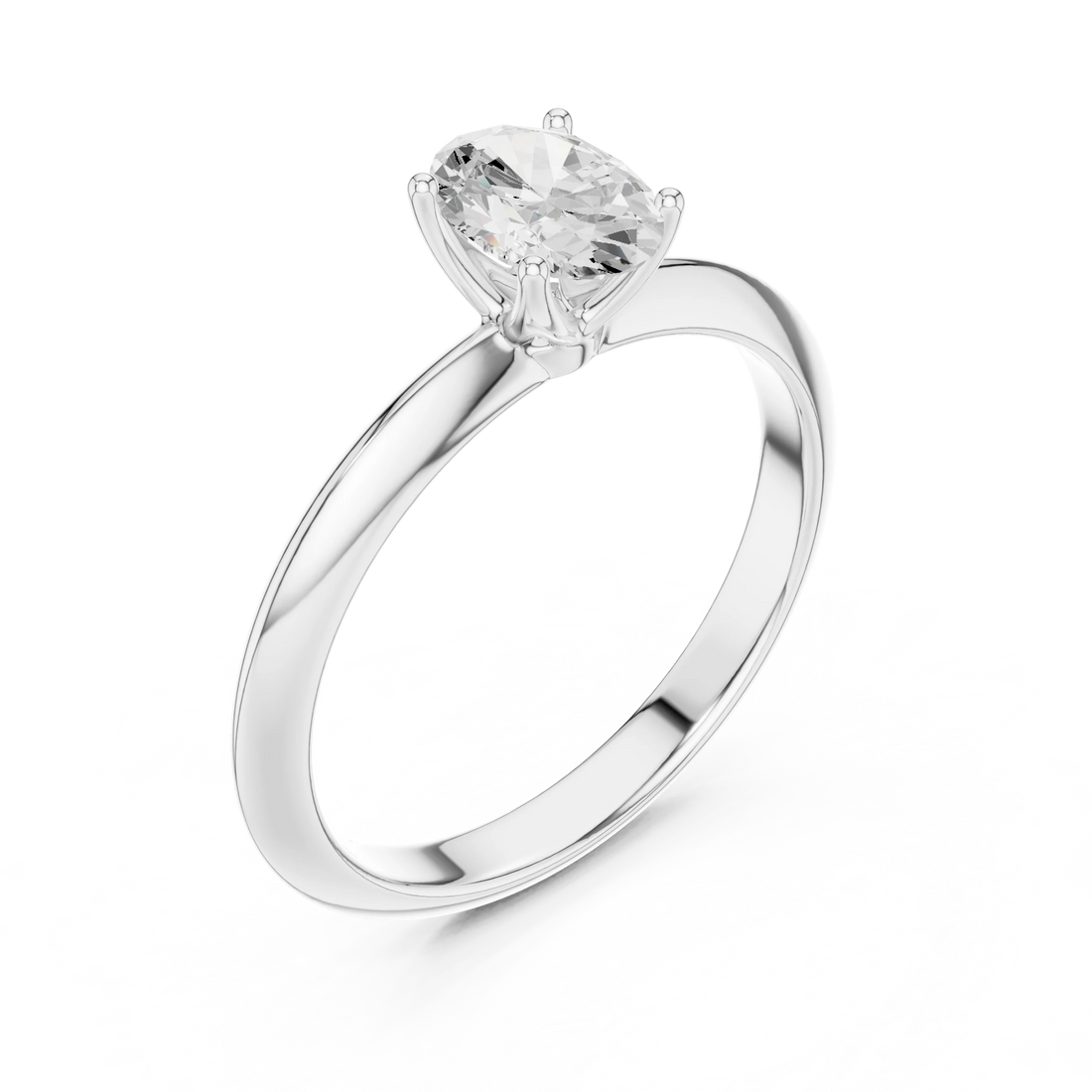 Front view of white gold oval cut diamond solitaire ring, showcasing center stone.