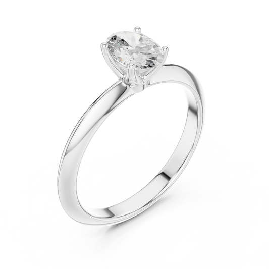 Front view of white gold oval cut diamond solitaire ring, showcasing center stone.