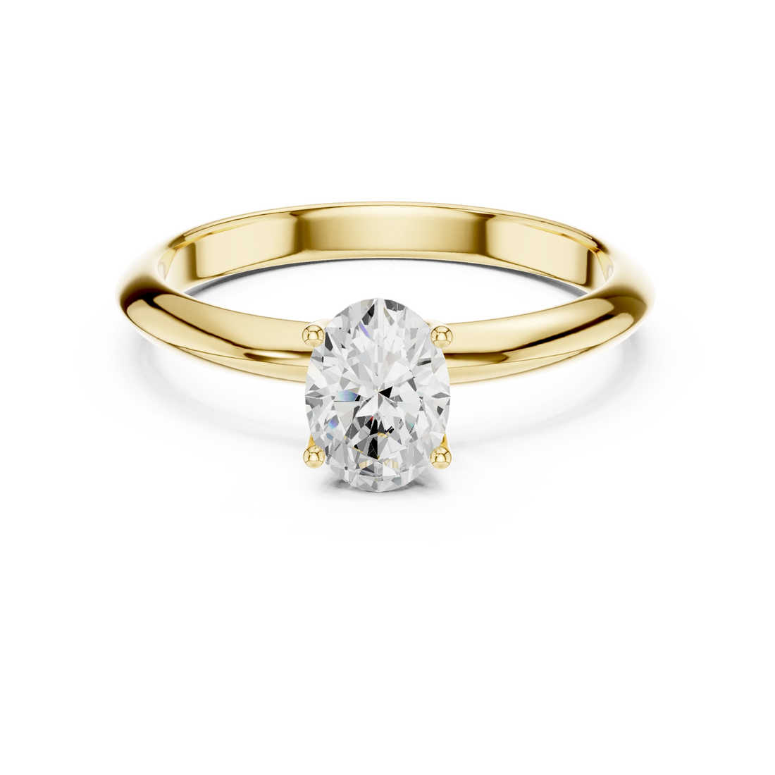 Lab-grown oval cut diamond solitaire ring in yellow gold, classic top view