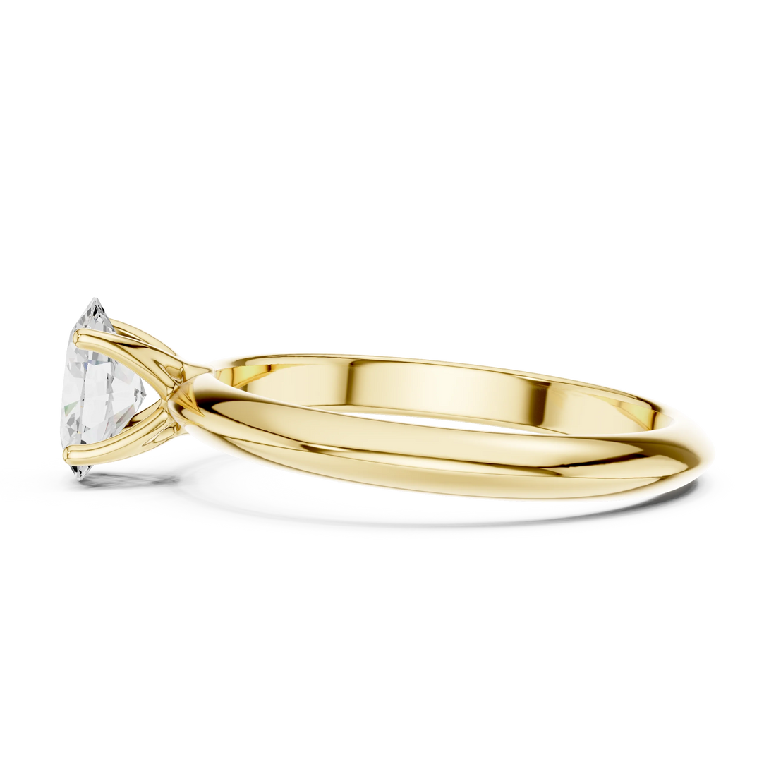 Lab-grown oval cut diamond solitaire ring in yellow gold, alternate top view.