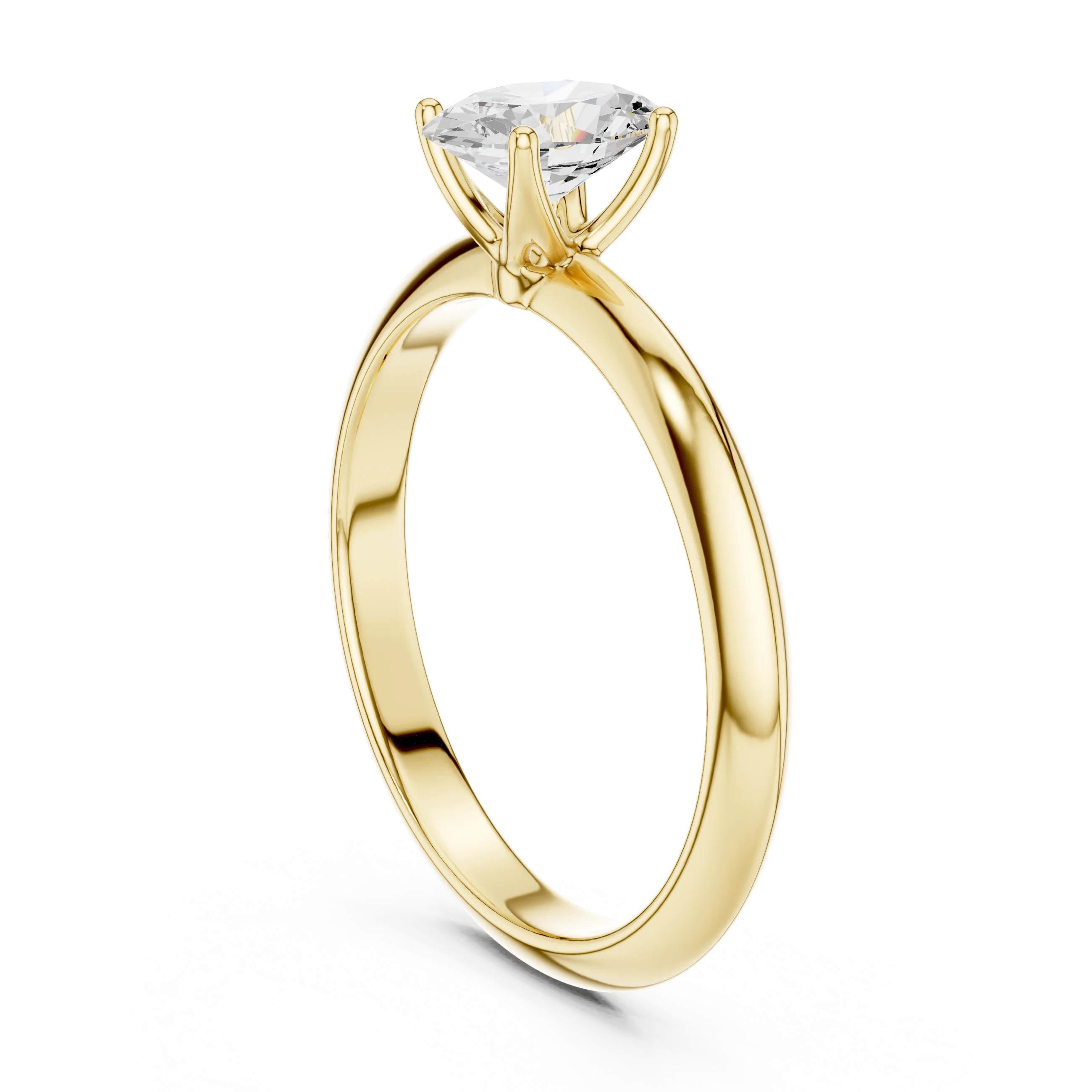 Back side view of yellow gold oval diamond solitaire ring, showing band structure.