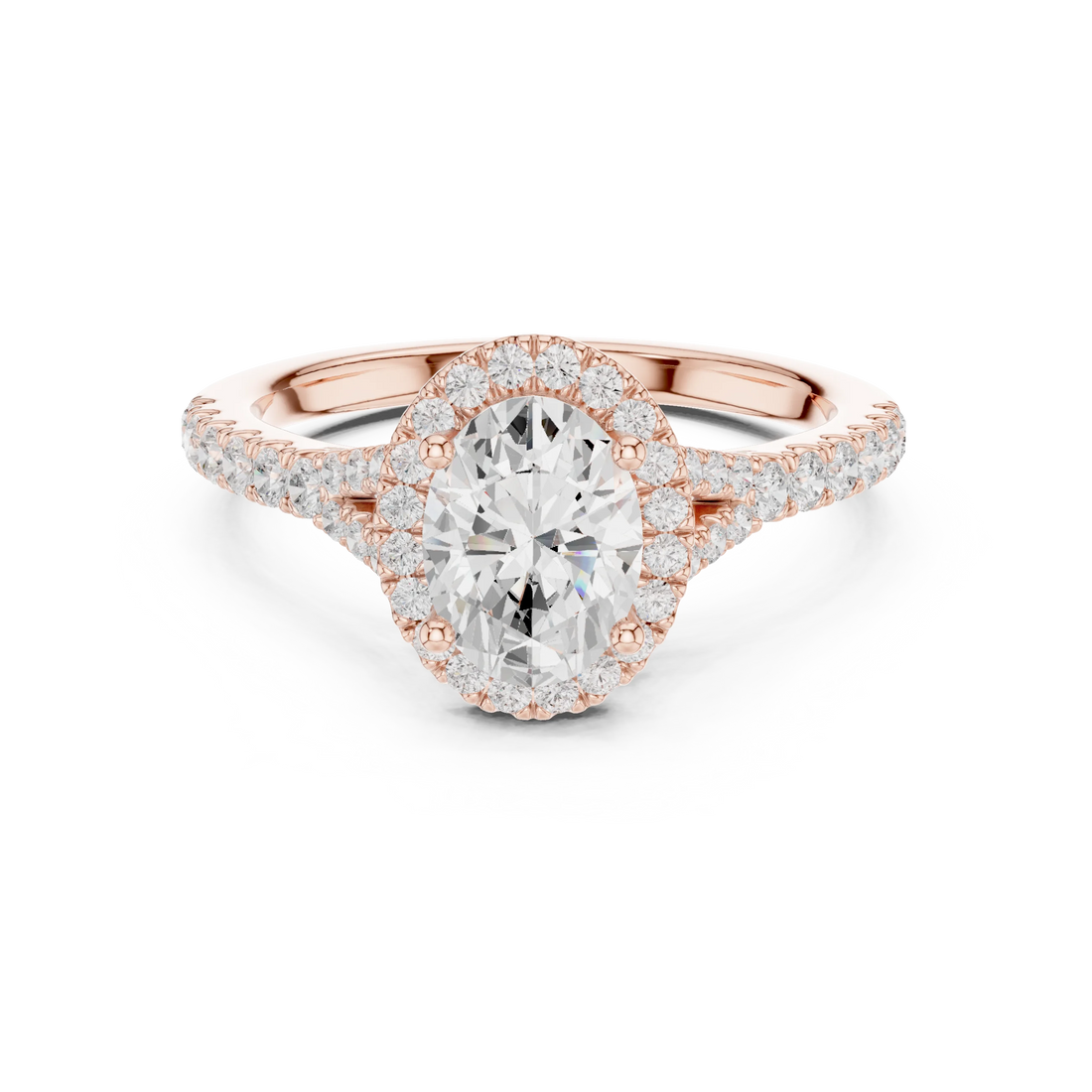 Lab-grown oval halo diamond ring in rose gold with pavé split shank band