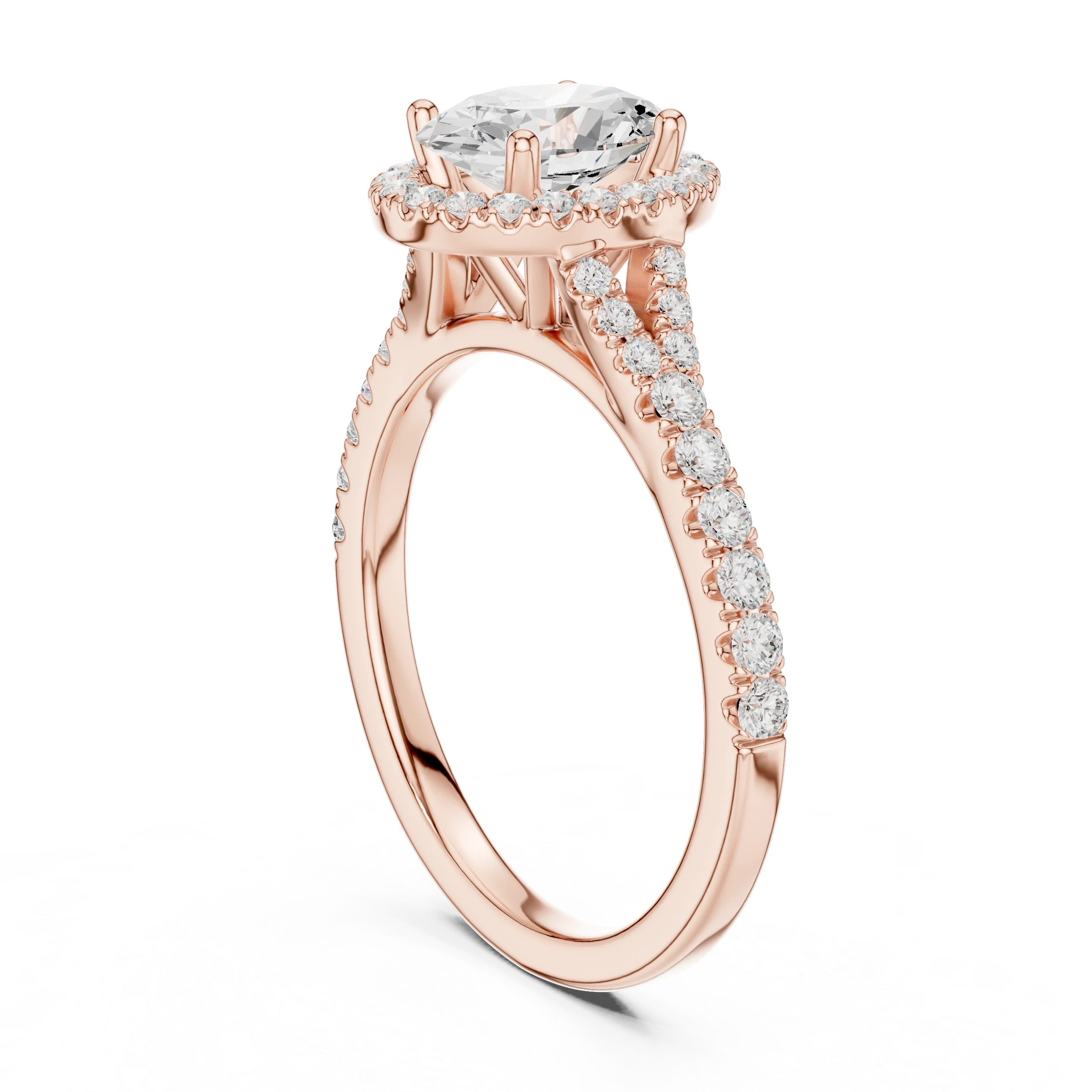 Back side view of rose gold oval halo ring showing pavé split shank band and setting details
