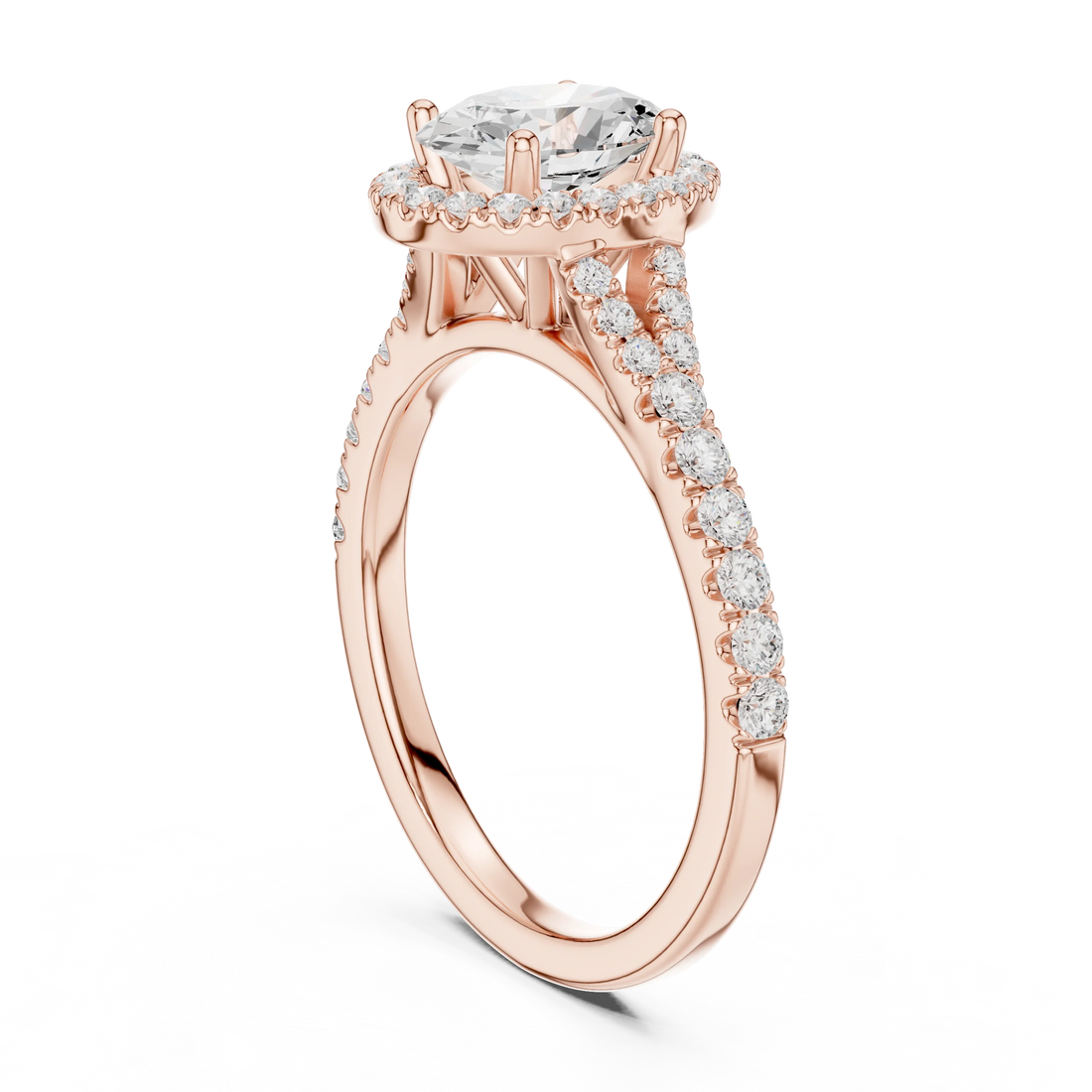 Back side view of rose gold oval halo ring showing pavé split shank band and setting details