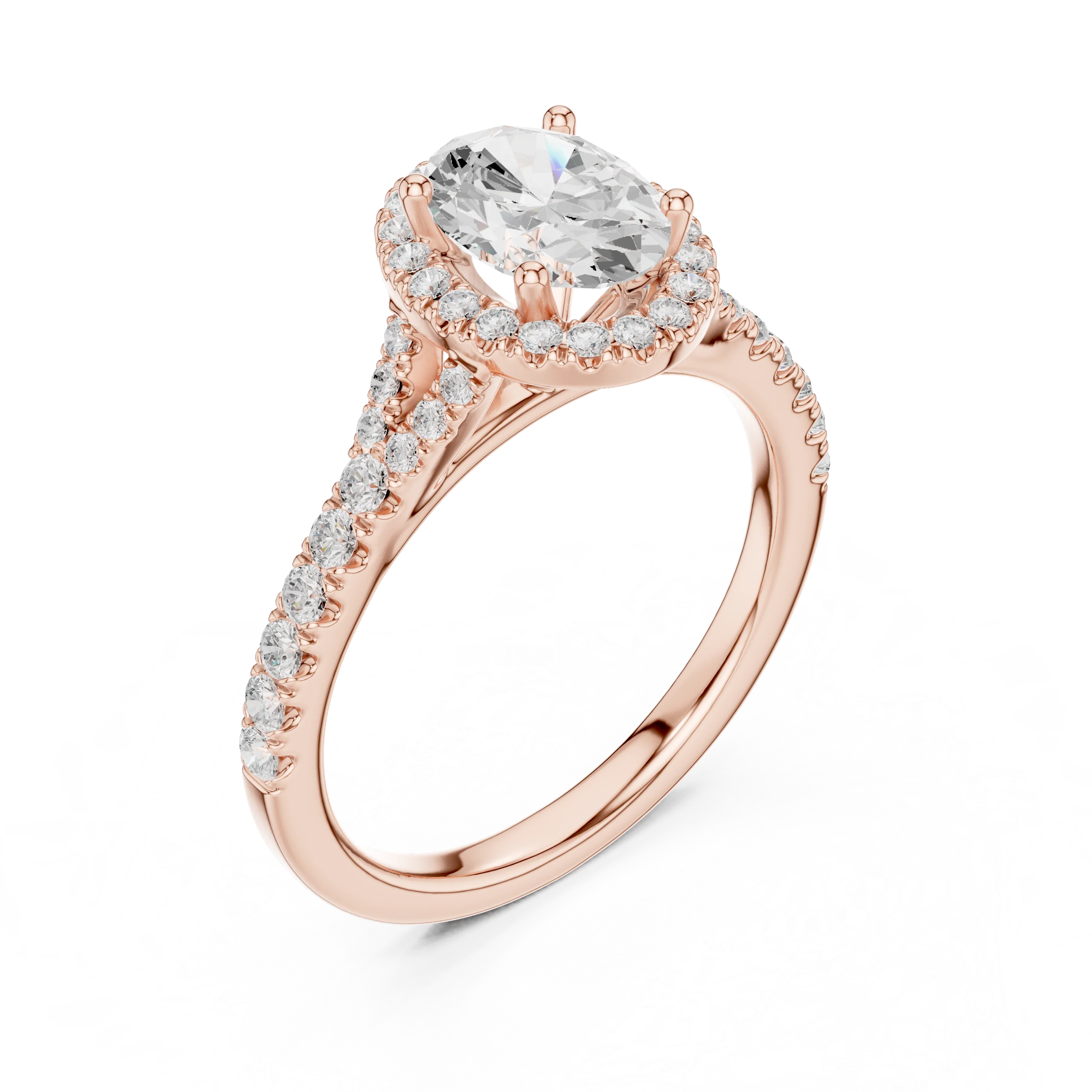 Front view of rose gold oval halo ring with pavé split shank band and center diamond