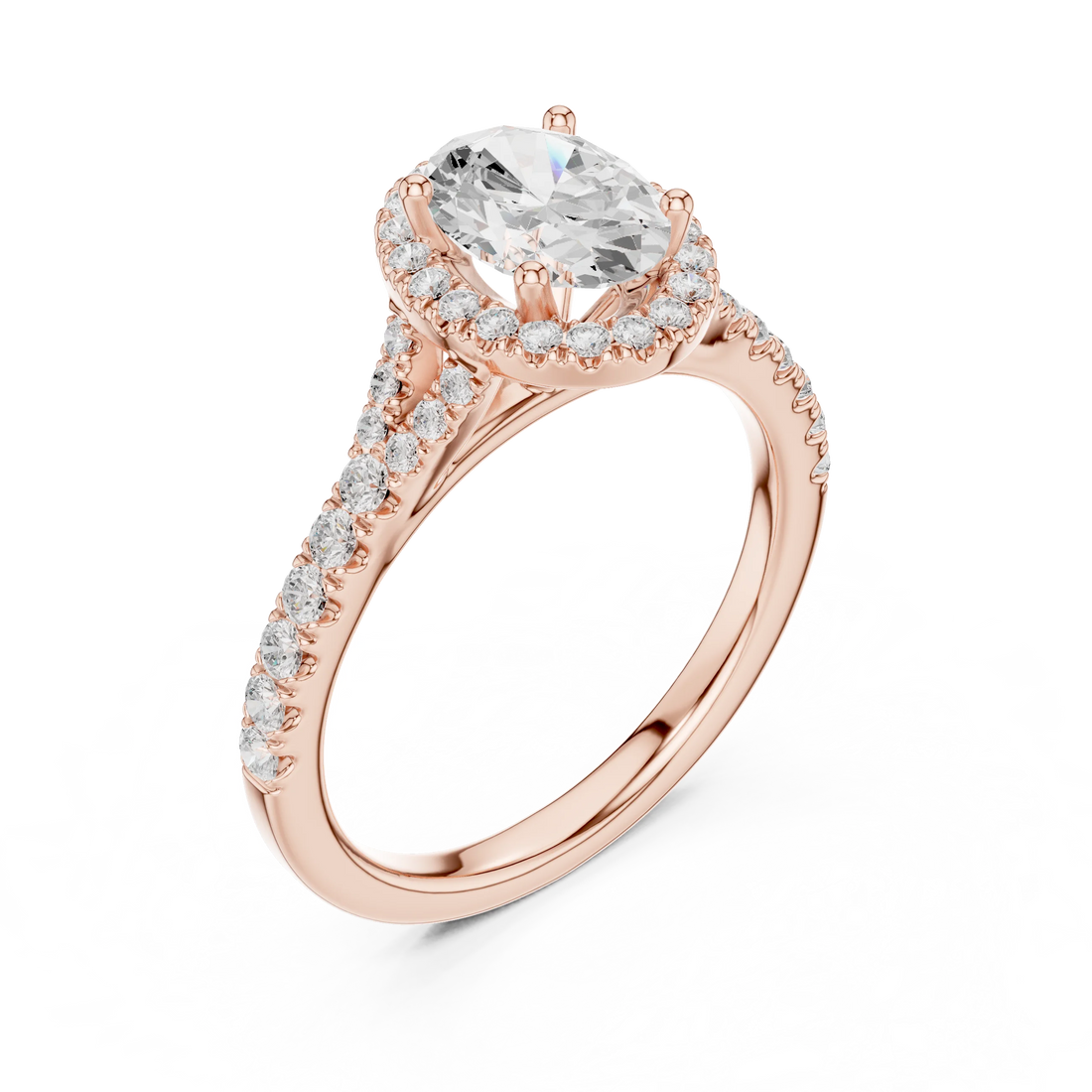 Front view of rose gold oval halo ring with pavé split shank band and center diamond