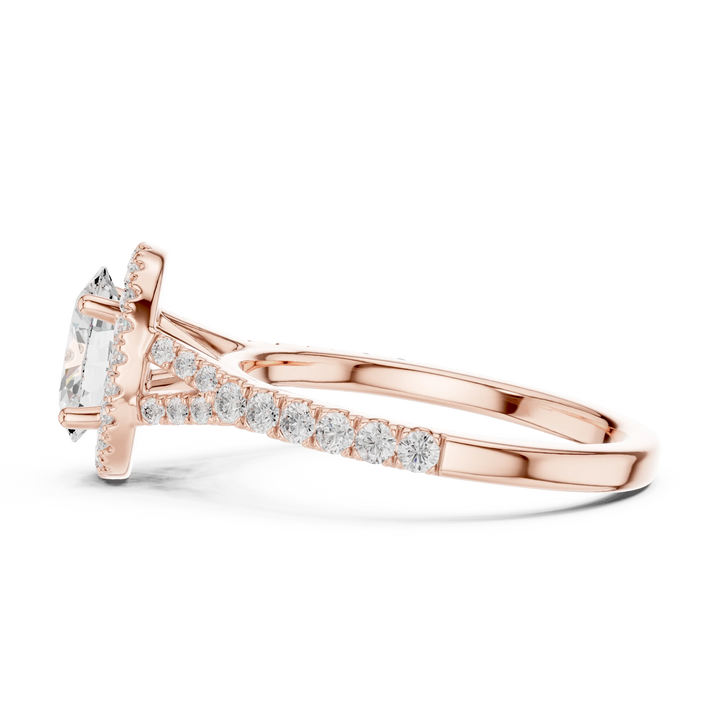 Side profile of rose gold oval halo ring with pavé split shank band and elevated halo setting