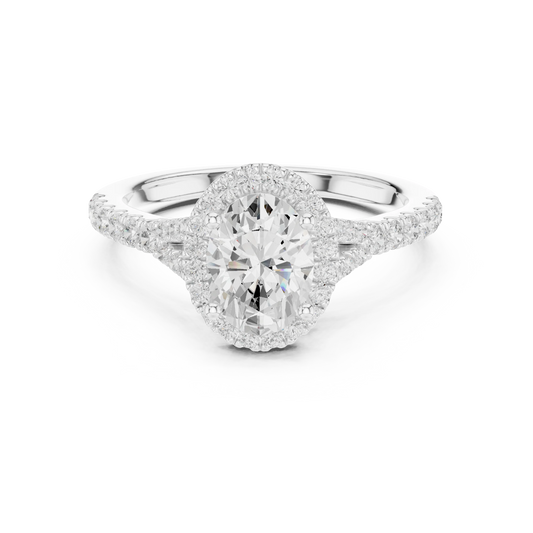 Lab-grown oval halo diamond ring in white gold with pavé split shank band