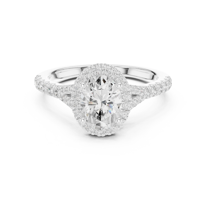 Lab-grown oval halo diamond ring in white gold with pavé split shank band