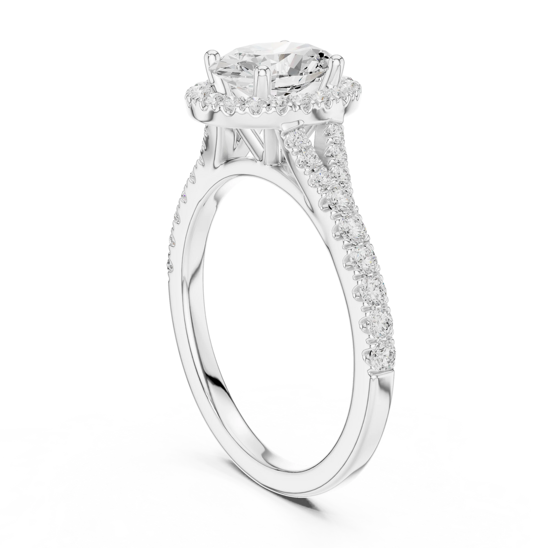 Back side view of white gold oval halo ring showing pavé split shank band and setting details