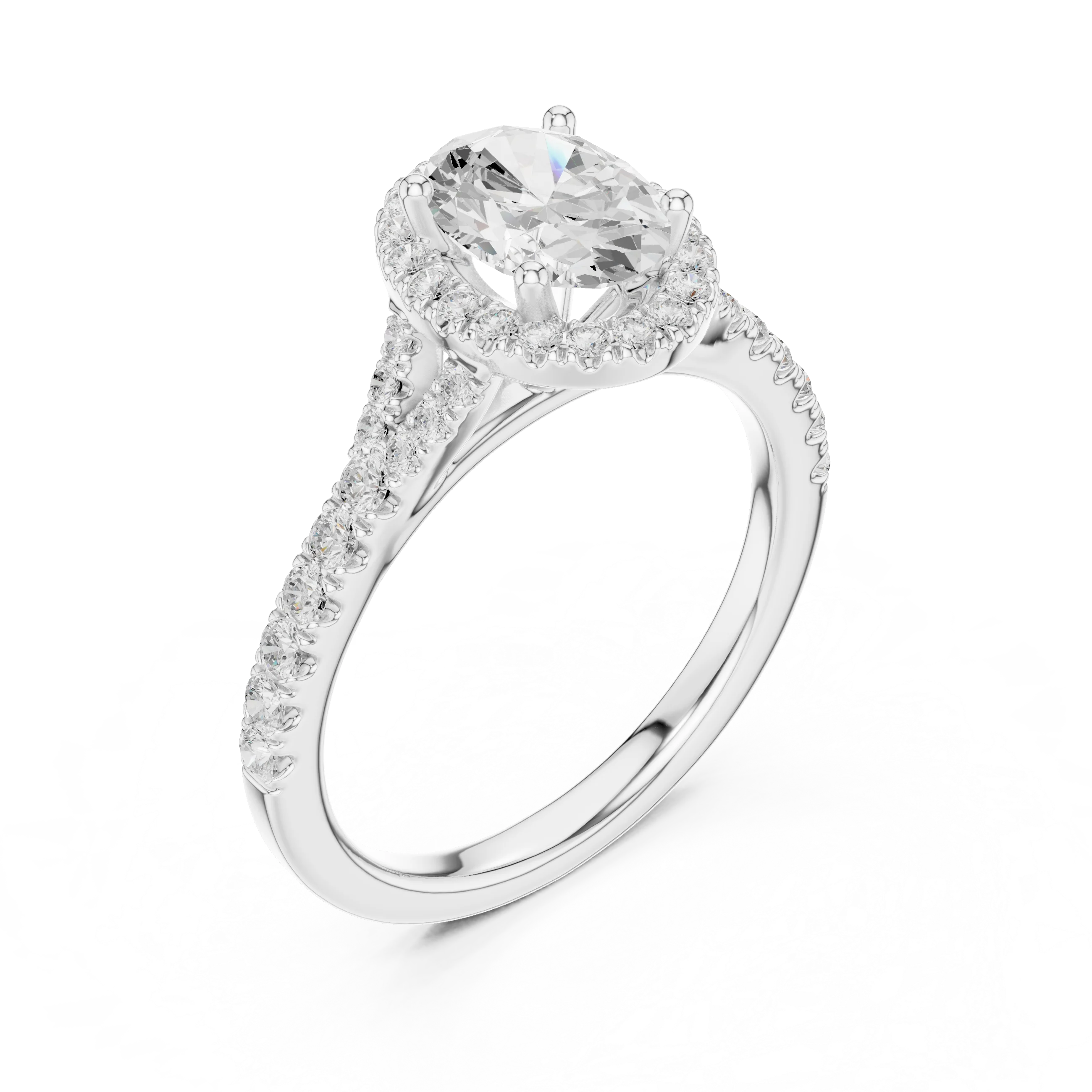 Front view of white gold oval halo ring with pavé split shank band and center diamond