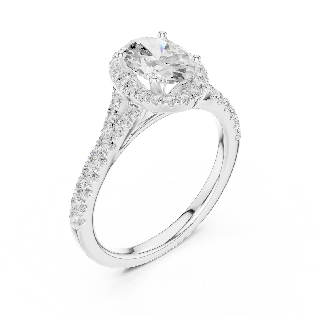 Front view of white gold oval halo ring with pavé split shank band and center diamond