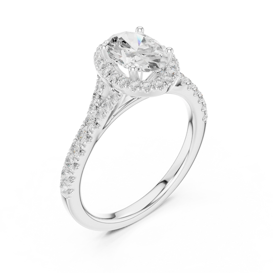 Front view of white gold oval halo ring with pavé split shank band and center diamond